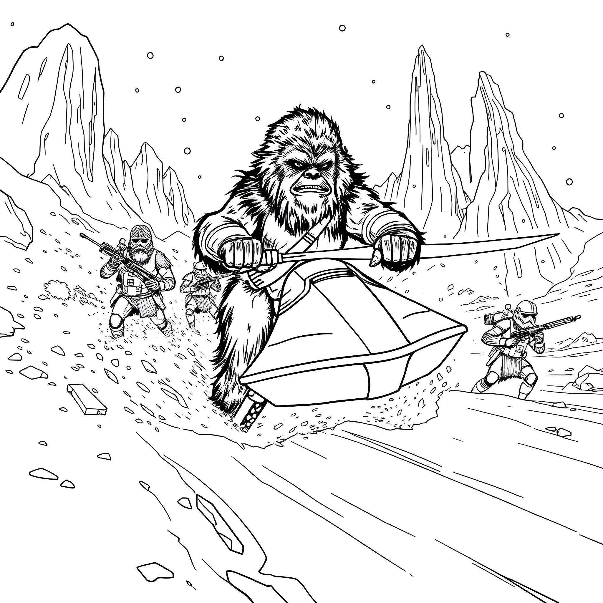 Snow Speeder chase through the icy mountains Coloring Page (free black-and-white line drawing printable PDF for all, from beginners to advanced learners, including children, teens, adults, and seniors)