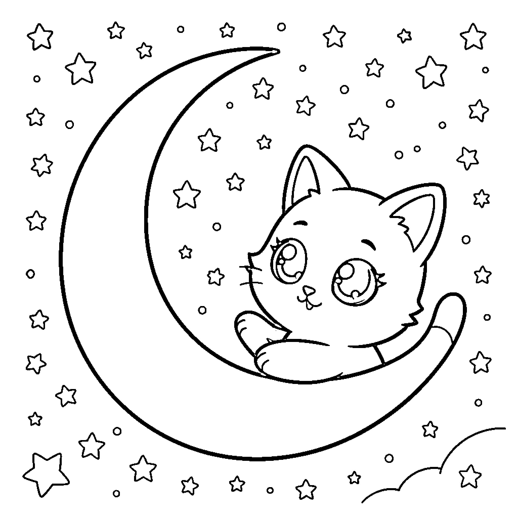Cat gazing at the starry night sky Coloring Page (free black-and-white line drawing printable PDF for all, from beginners to advanced learners, including children, teens, adults, and seniors)