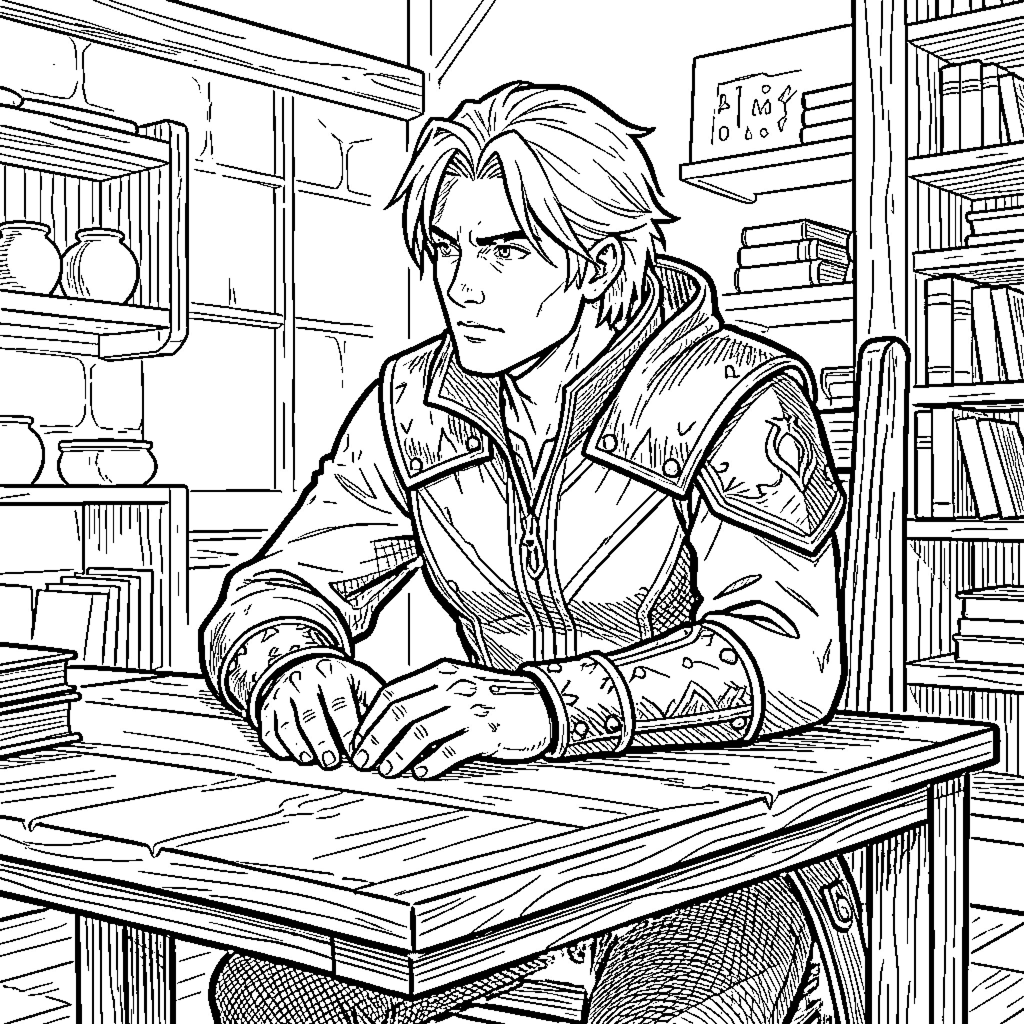 Damon sitting thoughtfully at a wooden desk in a library Coloring Page (free black-and-white line drawing printable PDF for all, from beginners to advanced learners, including children, teens, adults, and seniors)