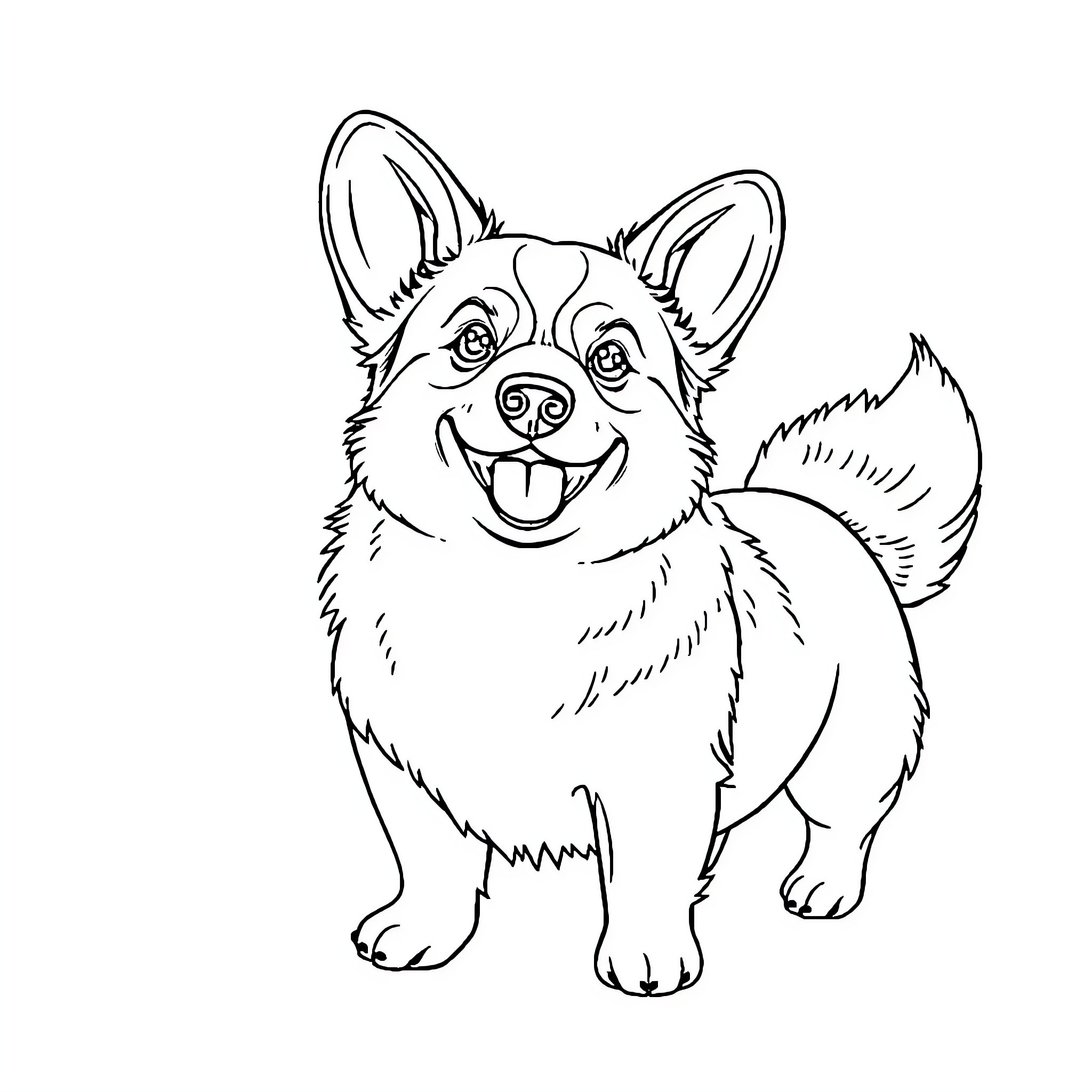 Corgi smiling happily in the image Coloring Page (free black-and-white line drawing printable PDF for all, from beginners to advanced learners, including children, teens, adults, and seniors)