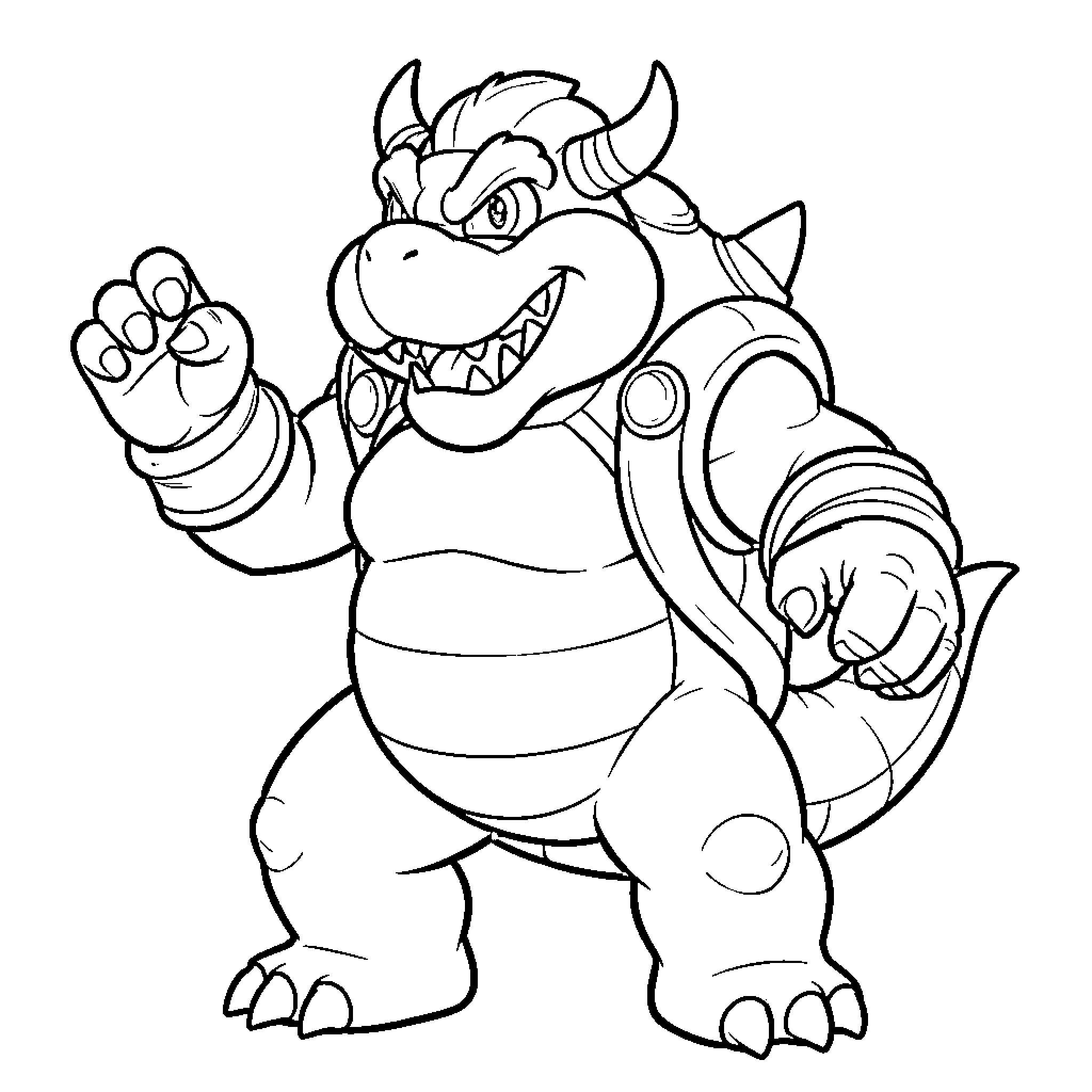 Bowser standing in a powerful and menacing pose Coloring Page (free black-and-white line drawing printable PDF for all, from beginners to advanced learners, including children, teens, adults, and seniors)
