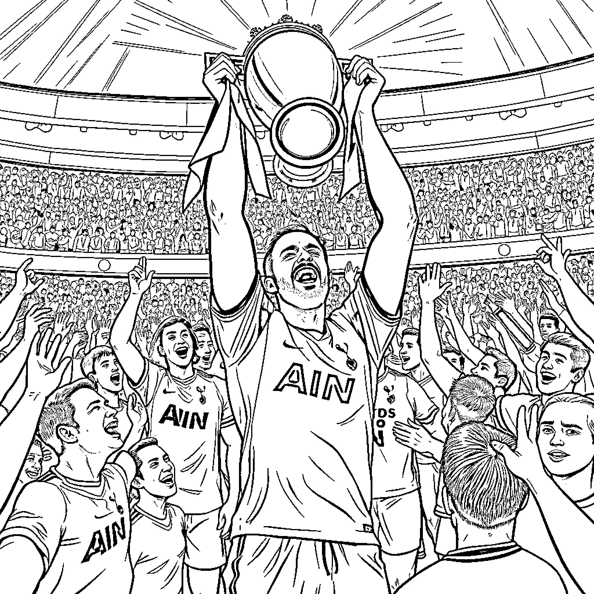 Harry Kane Lifts Trophy After Winning Championship Coloring Page (free black-and-white line drawing printable PDF for all, from beginners to advanced learners, including children, teens, adults, and seniors)