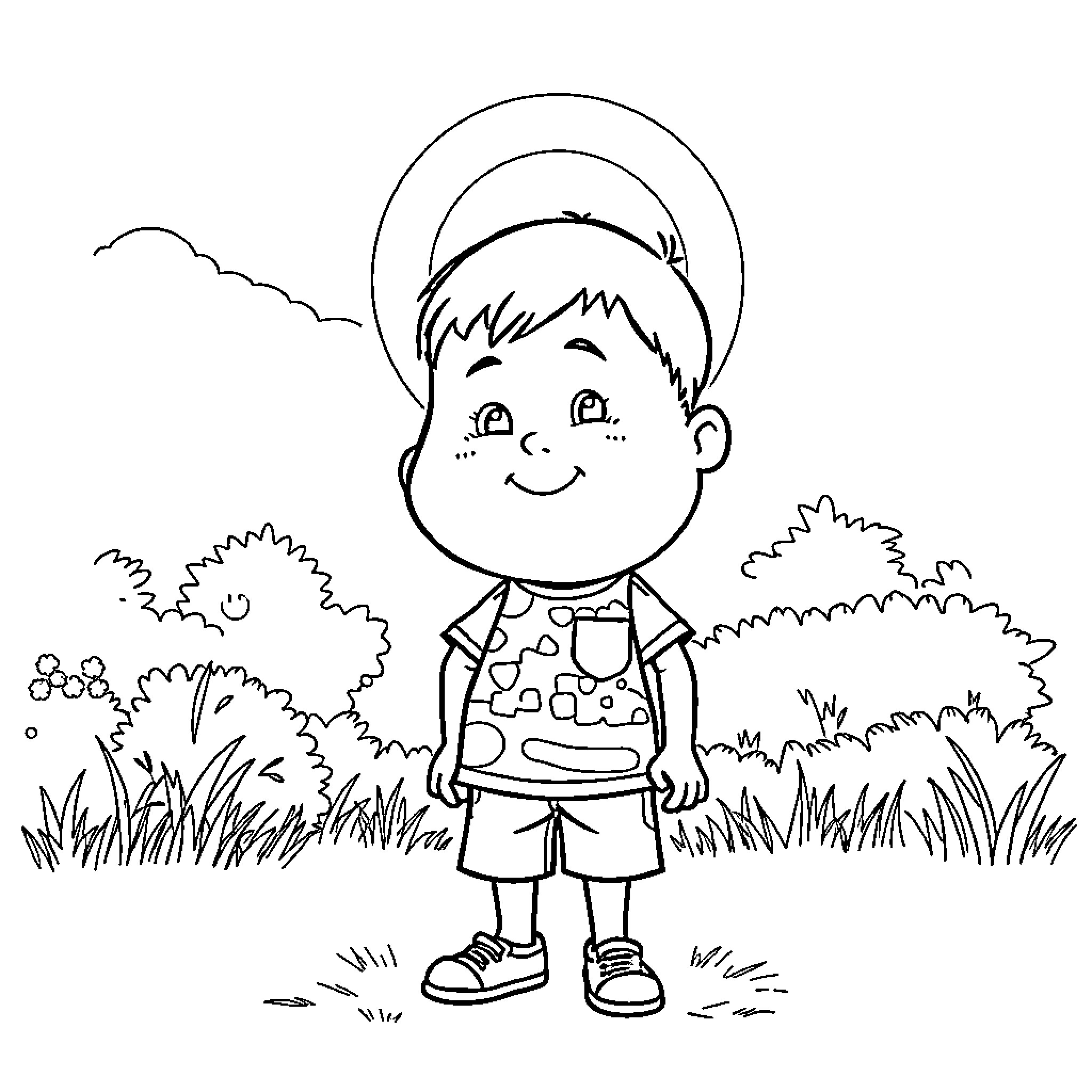 Kid enjoying nature in the outdoors Coloring Page (free black-and-white line drawing printable PDF for all, from beginners to advanced learners, including children, teens, adults, and seniors)