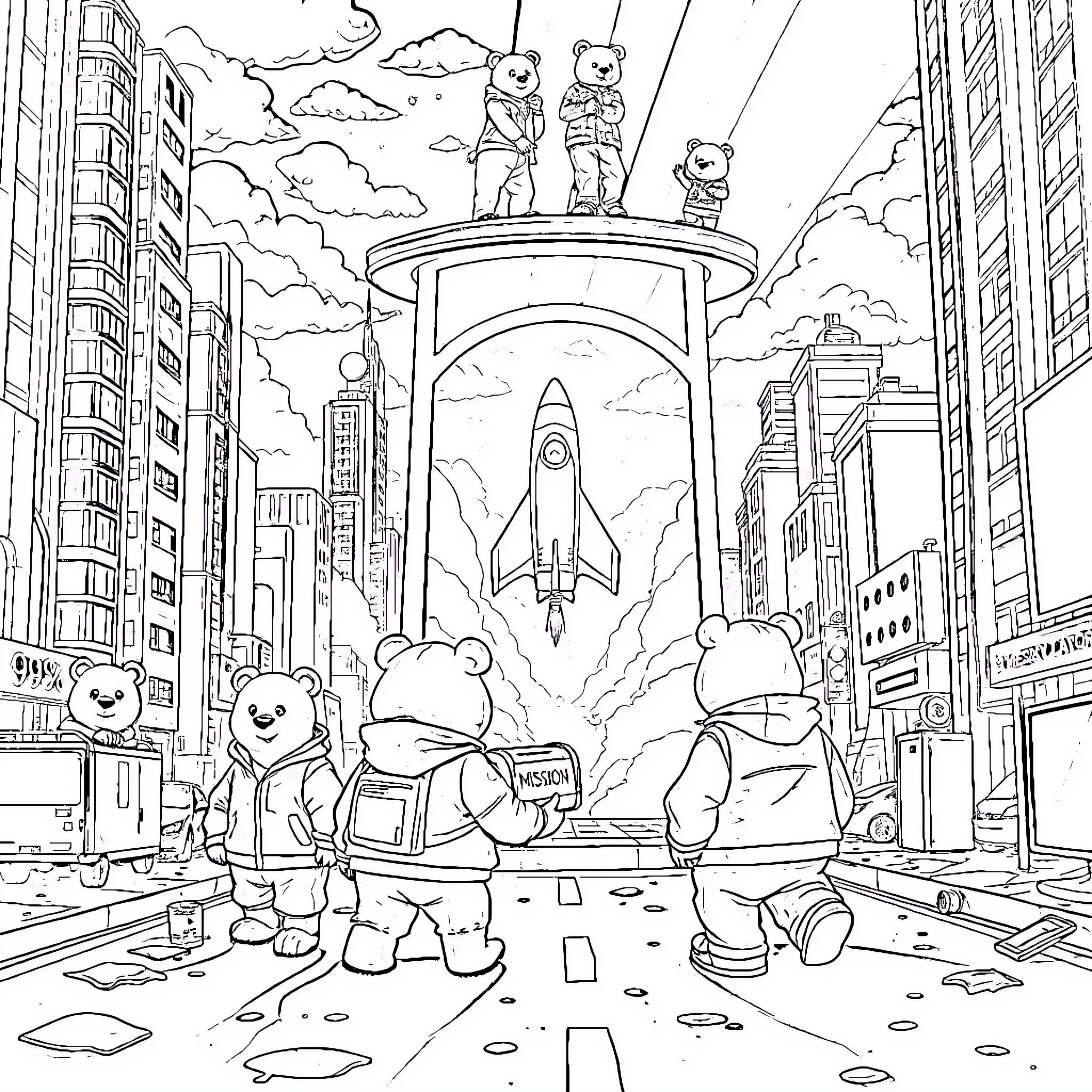 Bear astronauts exploring futuristic city with rocket Coloring Page (free black-and-white line drawing printable PDF for all, from beginners to advanced learners, including children, teens, adults, and seniors)
