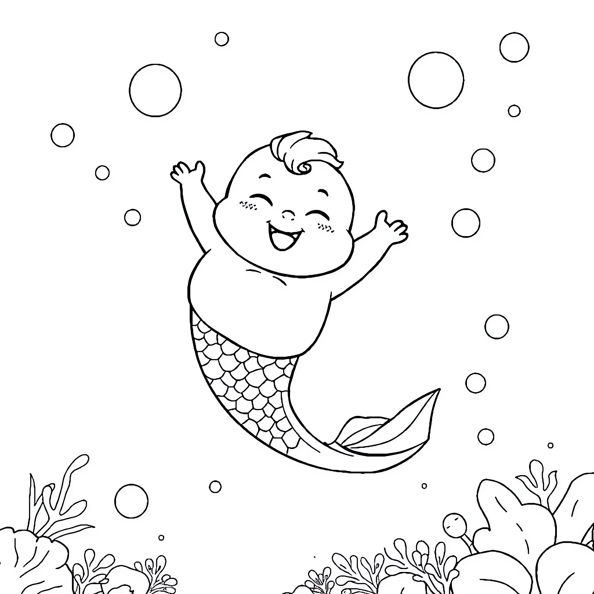 Mermaid having fun in the underwater world Coloring Page (free black-and-white line drawing printable PDF for all, from beginners to advanced learners, including children, teens, adults, and seniors)