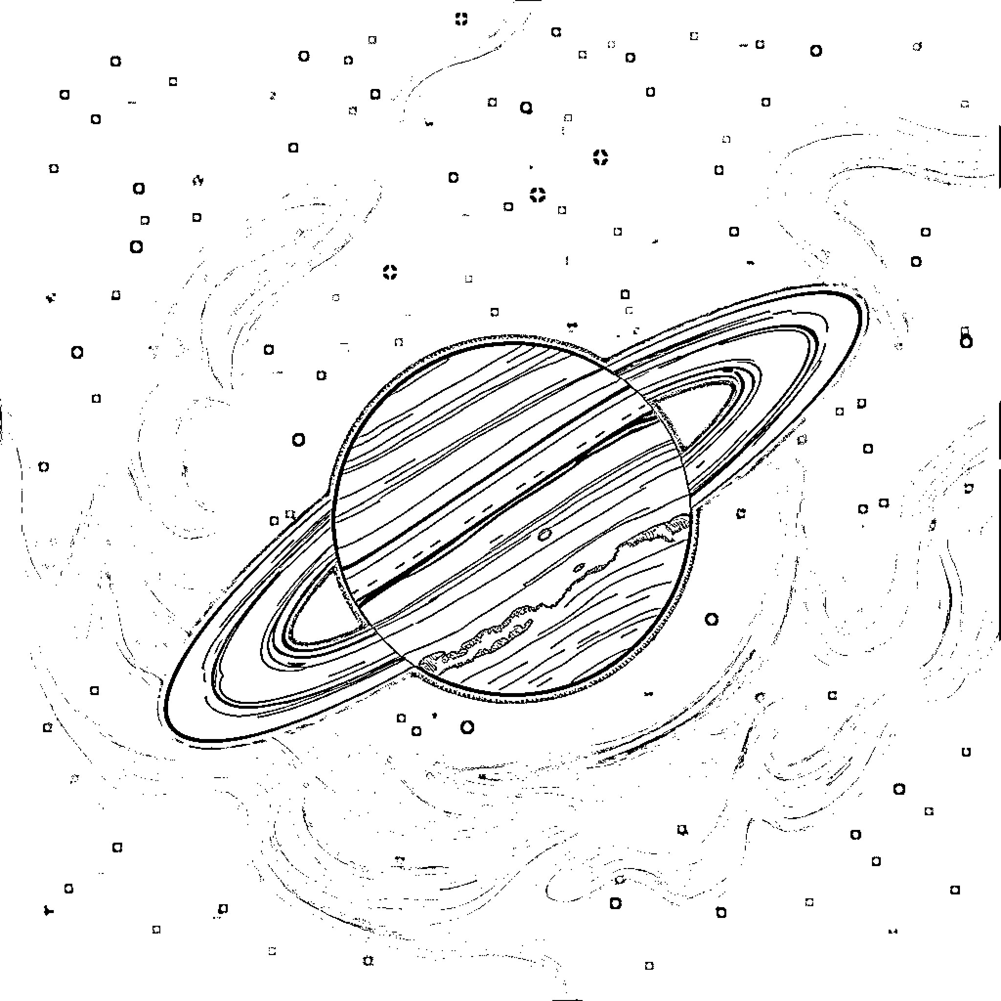 Saturn amidst a cosmic landscape Coloring Page (free black-and-white line drawing printable PDF for all, from beginners to advanced learners, including children, teens, adults, and seniors)