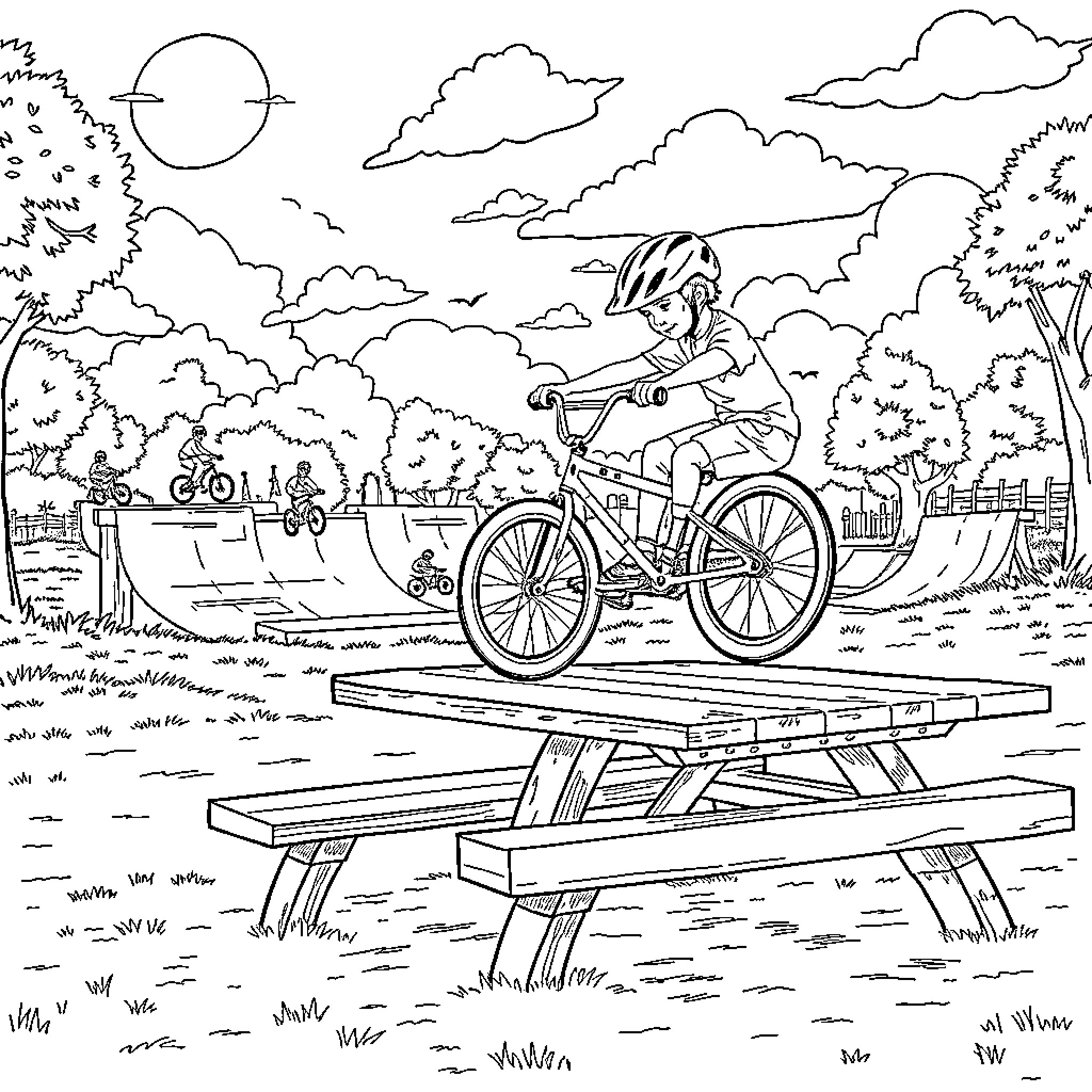 BMX rider performing stunts in nature-filled park Coloring Page (free black-and-white line drawing printable PDF for all, from beginners to advanced learners, including children, teens, adults, and seniors)