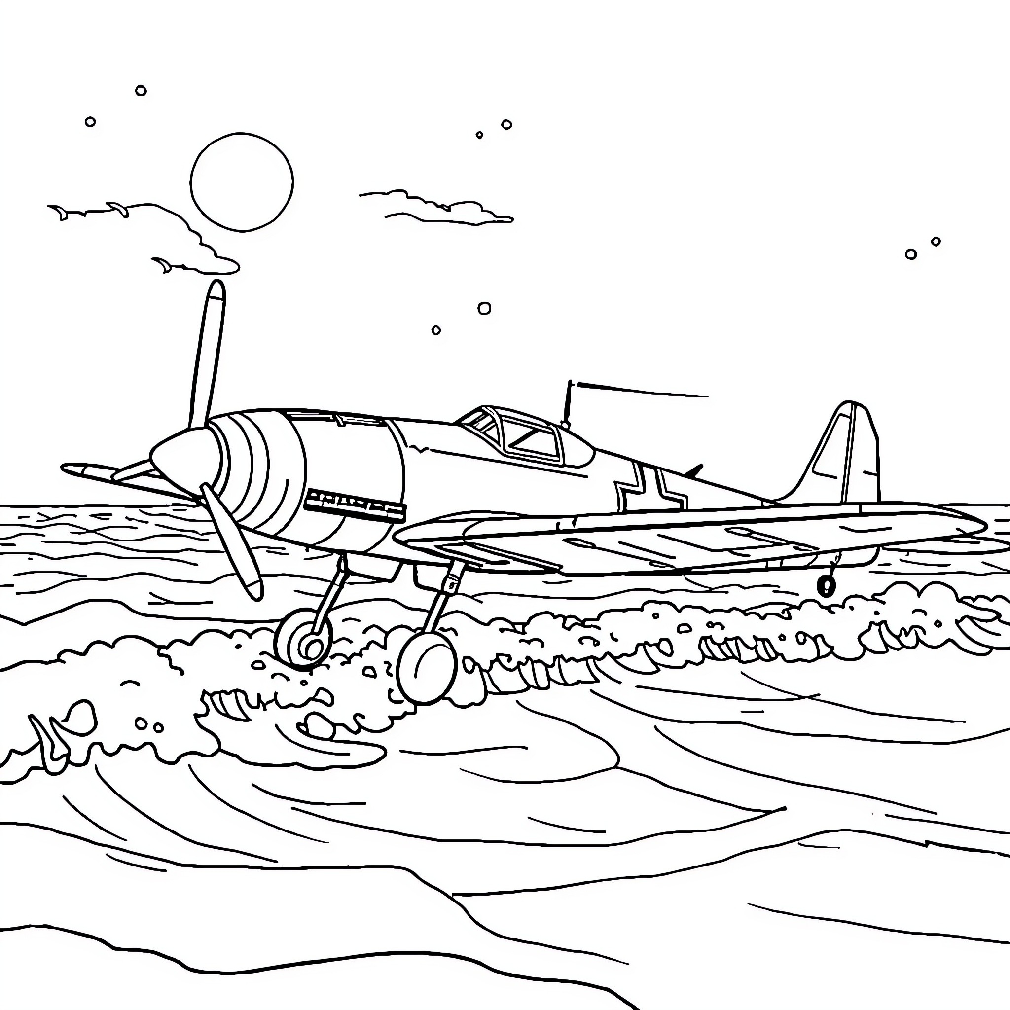 Avión sobrevolando el océano con olas y cielo nublado Coloring Page (free black-and-white line drawing printable PDF for all, from beginners to advanced learners, including children, teens, adults, and seniors)