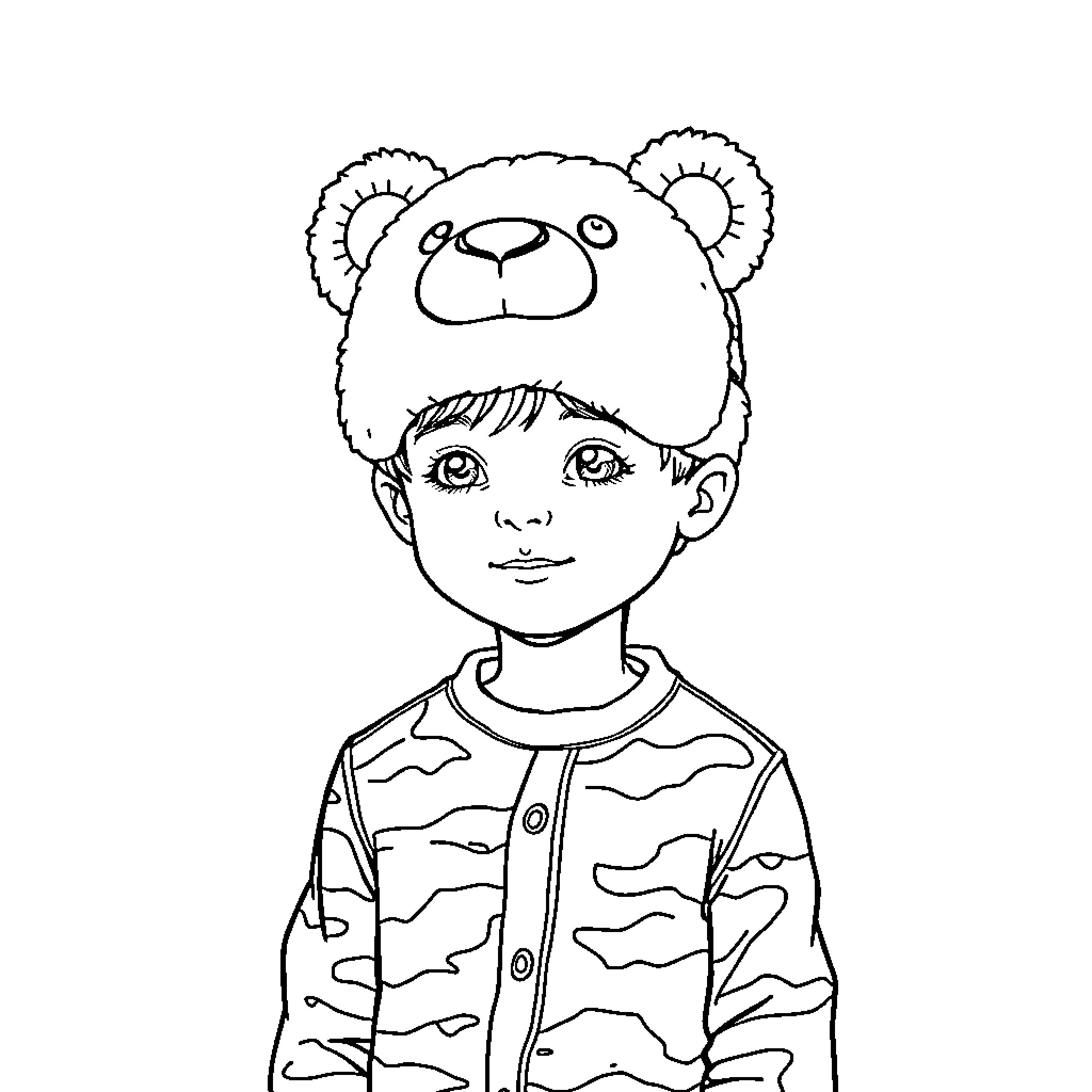 Boy wearing furry hat with friendly expression Coloring Page (free black-and-white line drawing printable PDF for all, from beginners to advanced learners, including children, teens, adults, and seniors)