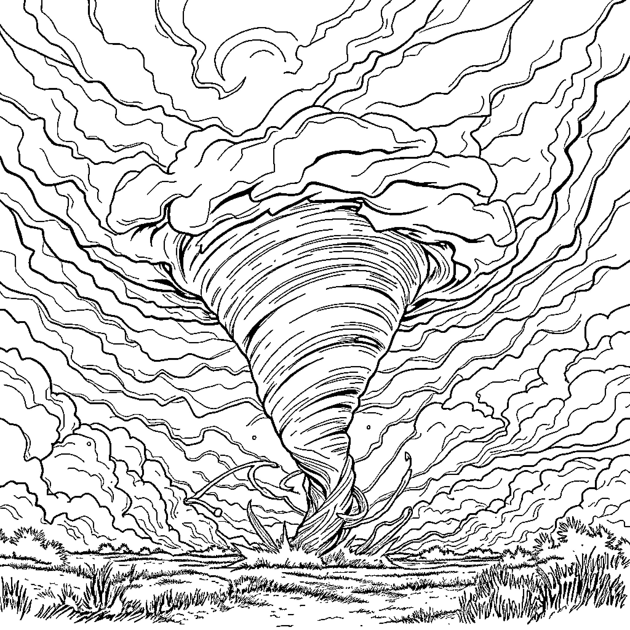 Tornado swirling violently over a field Coloring Page (free black-and-white line drawing printable PDF for all, from beginners to advanced learners, including children, teens, adults, and seniors)