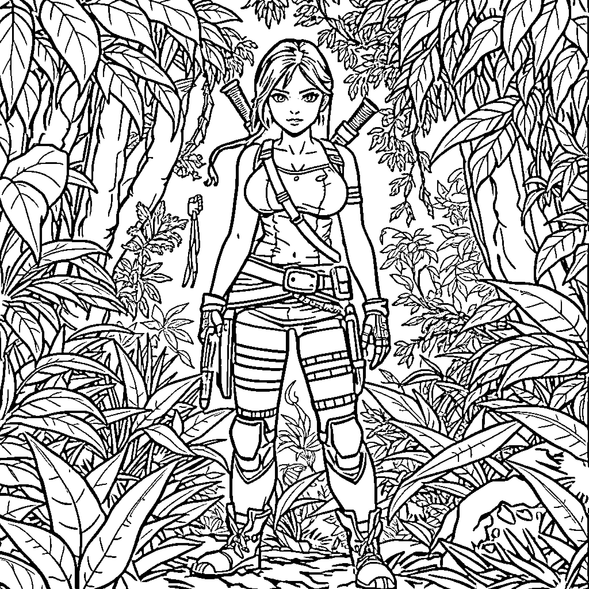 Lara Croft in Adventurous Jungle Exploration Coloring Page (free black-and-white line drawing printable PDF for all, from beginners to advanced learners, including children, teens, adults, and seniors)