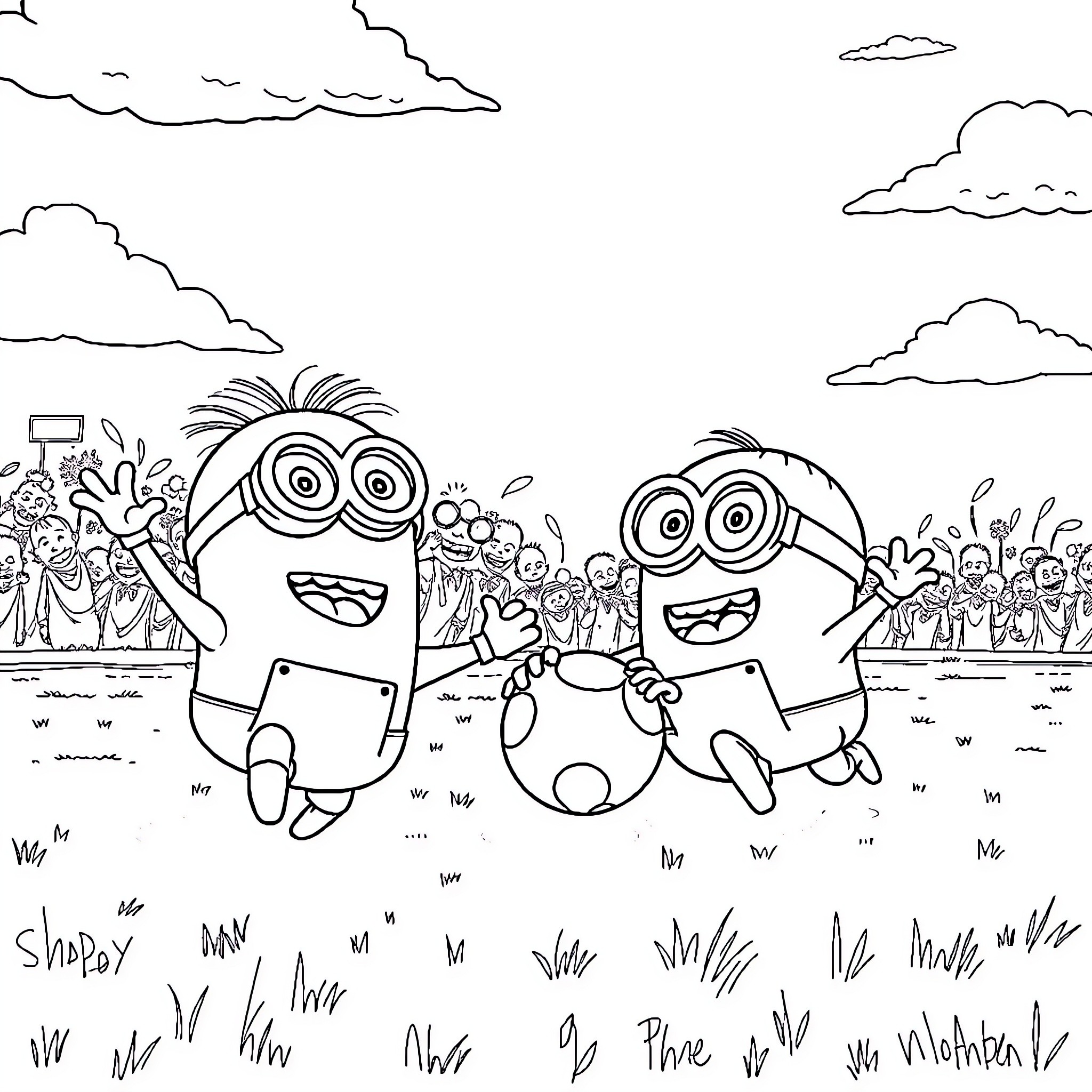Minions having fun outdoors in field Coloring Page (free black-and-white line drawing printable PDF for all, from beginners to advanced learners, including children, teens, adults, and seniors)