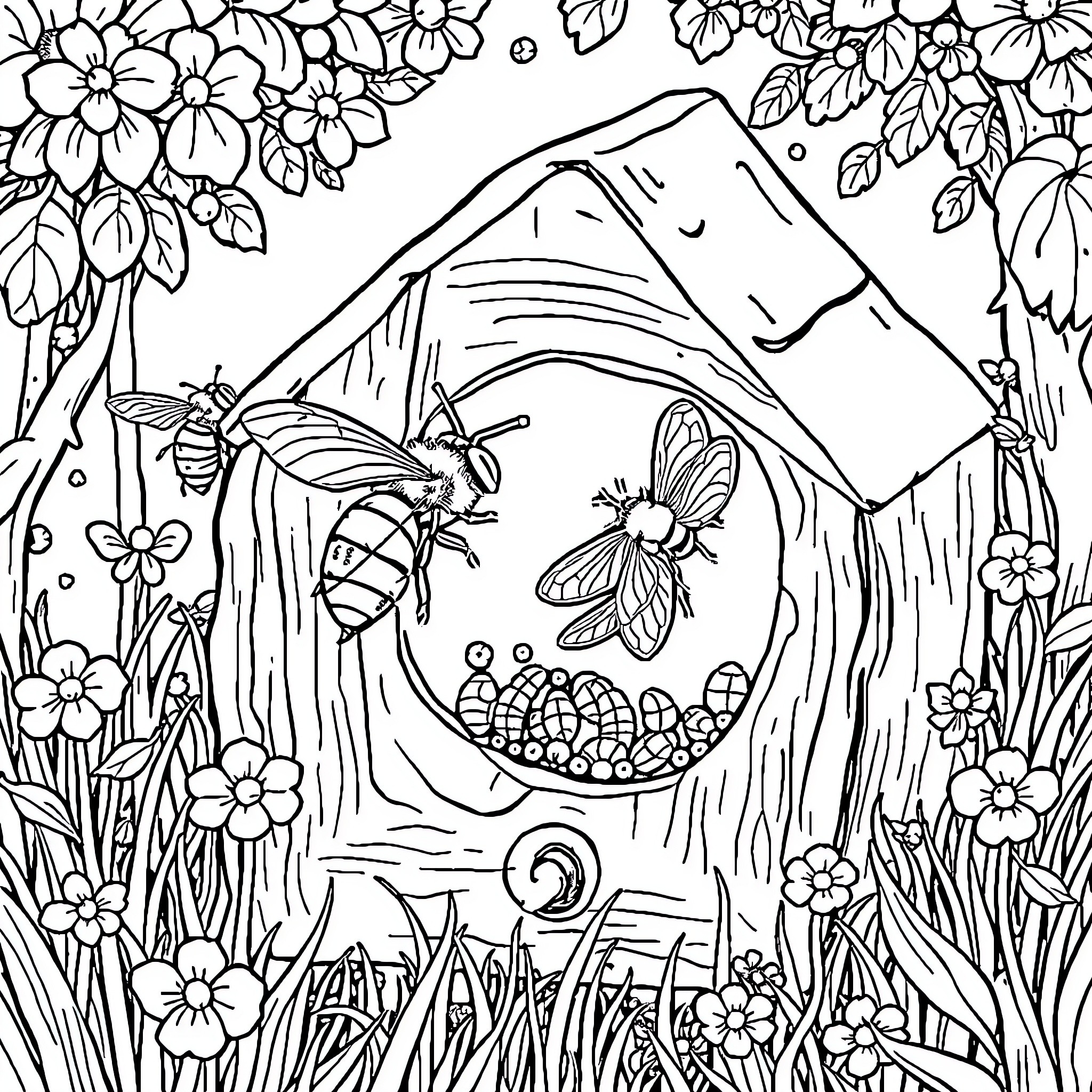 Bee collecting honey from a wooden hive surrounded by flowers Coloring Page (free black-and-white line drawing printable PDF for all, from beginners to advanced learners, including children, teens, adults, and seniors)