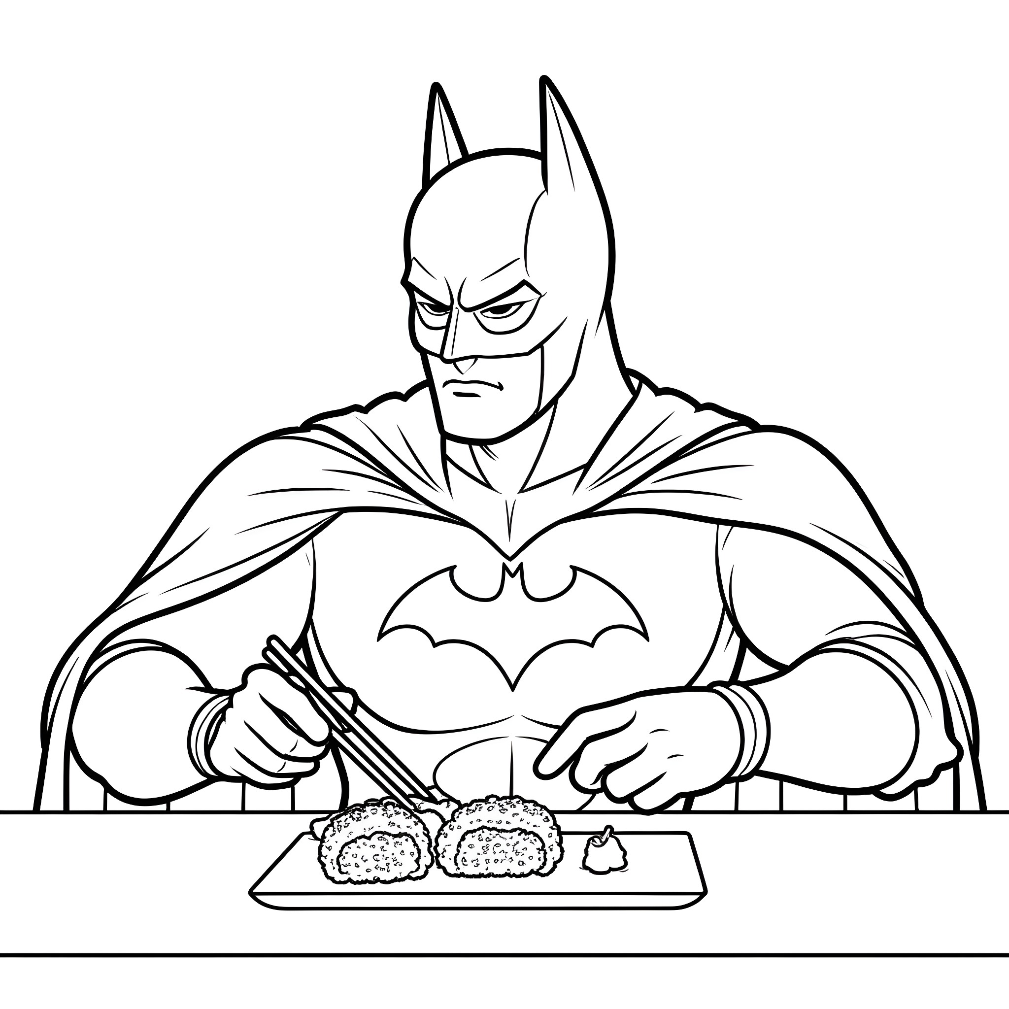Batman Enjoying a Hearty Meal Coloring Page (free black-and-white line drawing printable PDF for all, from beginners to advanced learners, including children, teens, adults, and seniors)