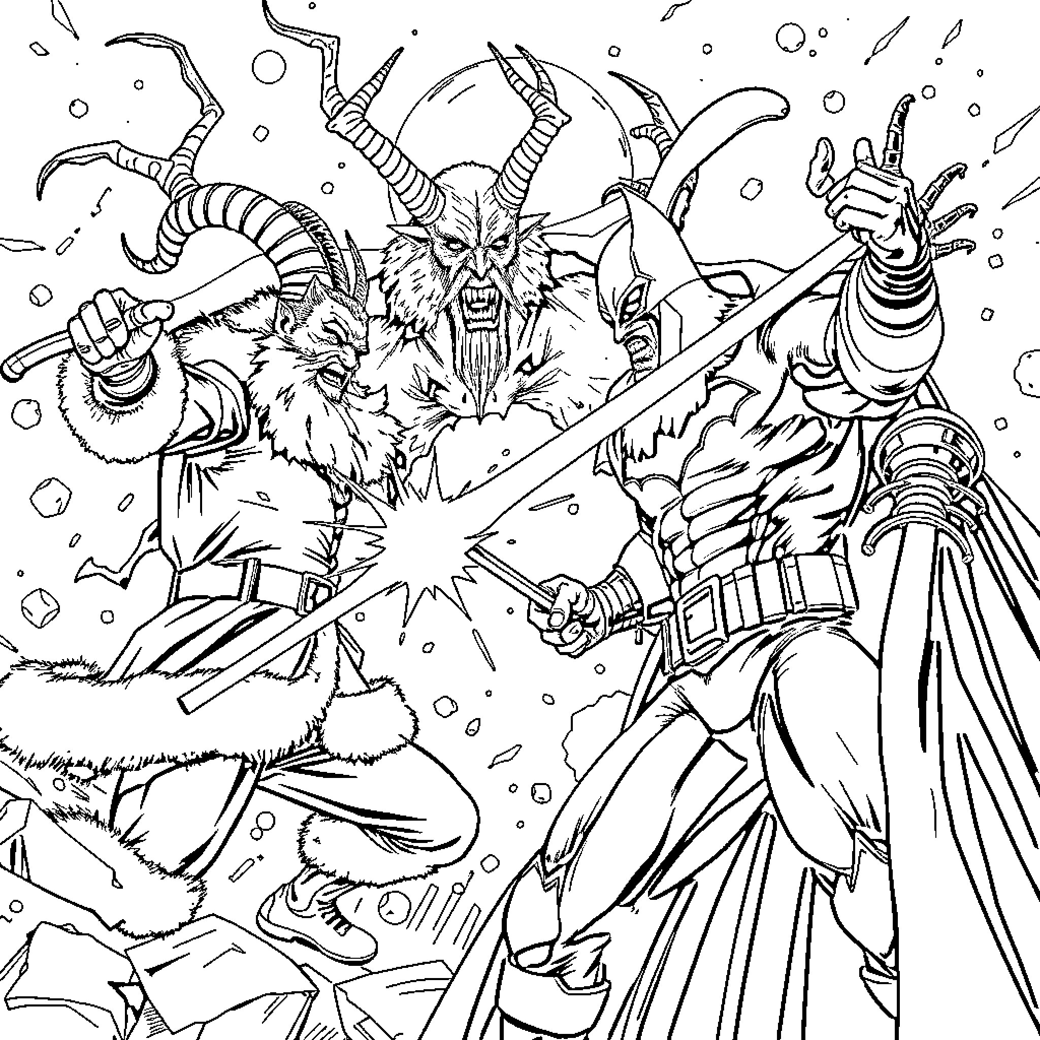 Christmas Battle of Mythological Creatures Coloring Page (free black-and-white line drawing printable PDF for all, from beginners to advanced learners, including children, teens, adults, and seniors)