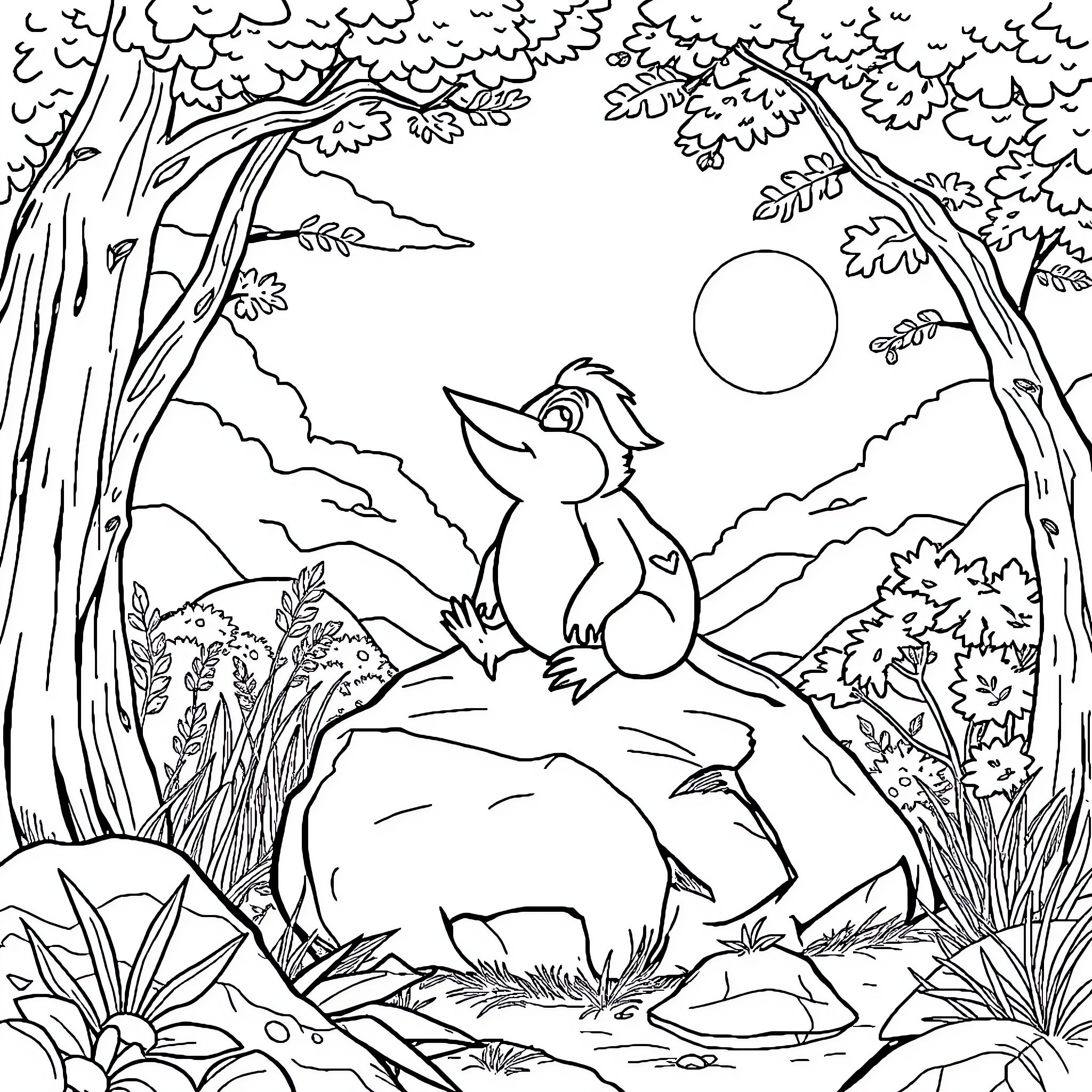 Lutin playing cheerfully in the enchanted forest Coloring Page (free black-and-white line drawing printable PDF for all, from beginners to advanced learners, including children, teens, adults, and seniors)