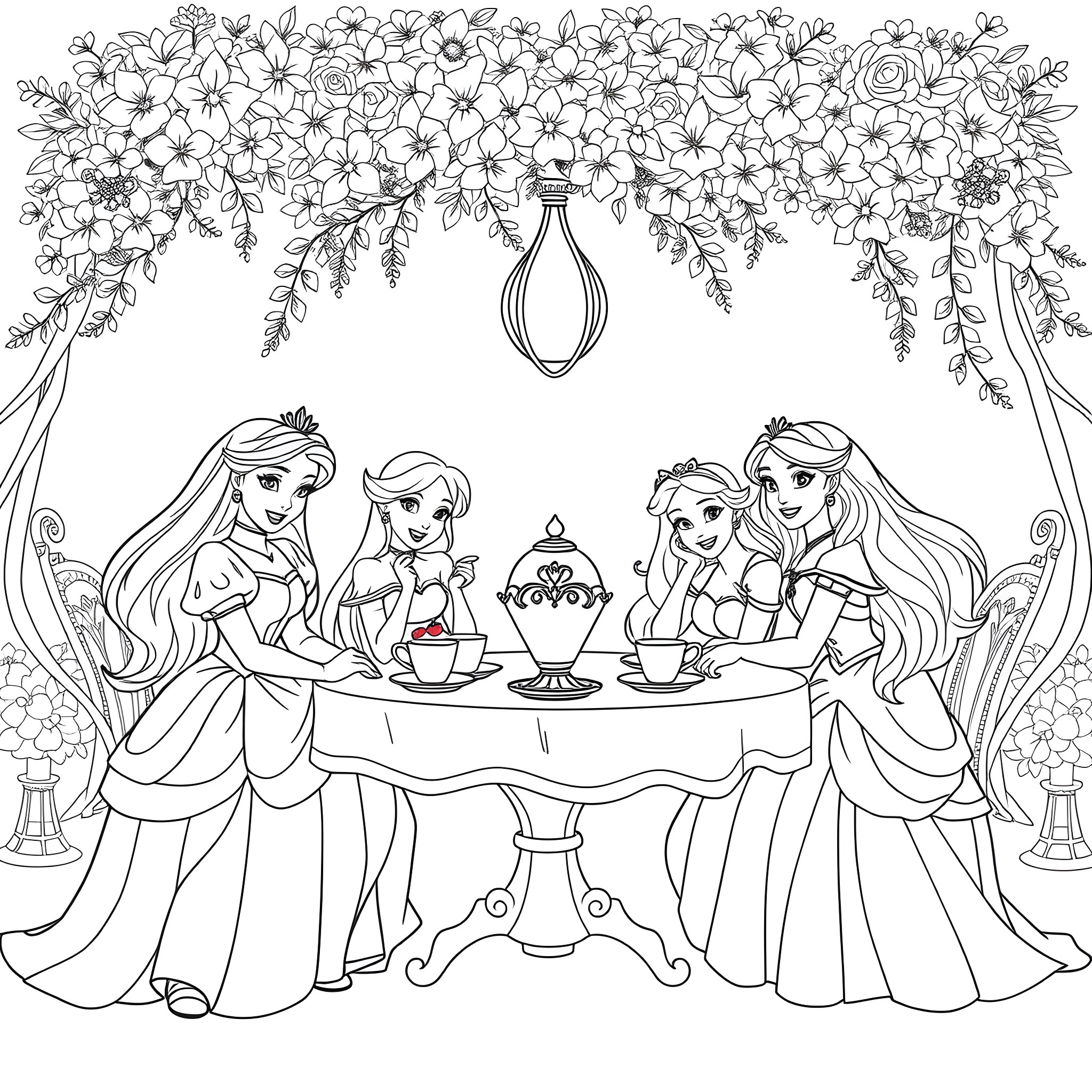 Princess Tea Party Under Floral Canopy Coloring Page (free black-and-white line drawing printable PDF for all, from beginners to advanced learners, including children, teens, adults, and seniors)