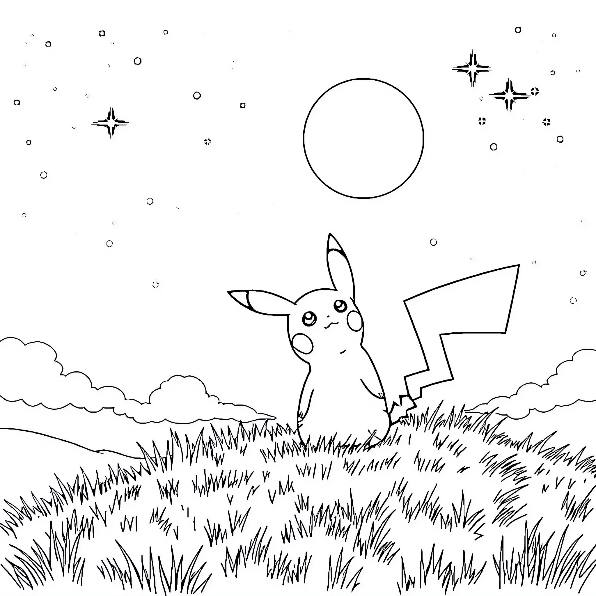 Pikachu enjoying the night sky in a grassy field Coloring Page (free black-and-white line drawing printable PDF for all, from beginners to advanced learners, including children, teens, adults, and seniors)