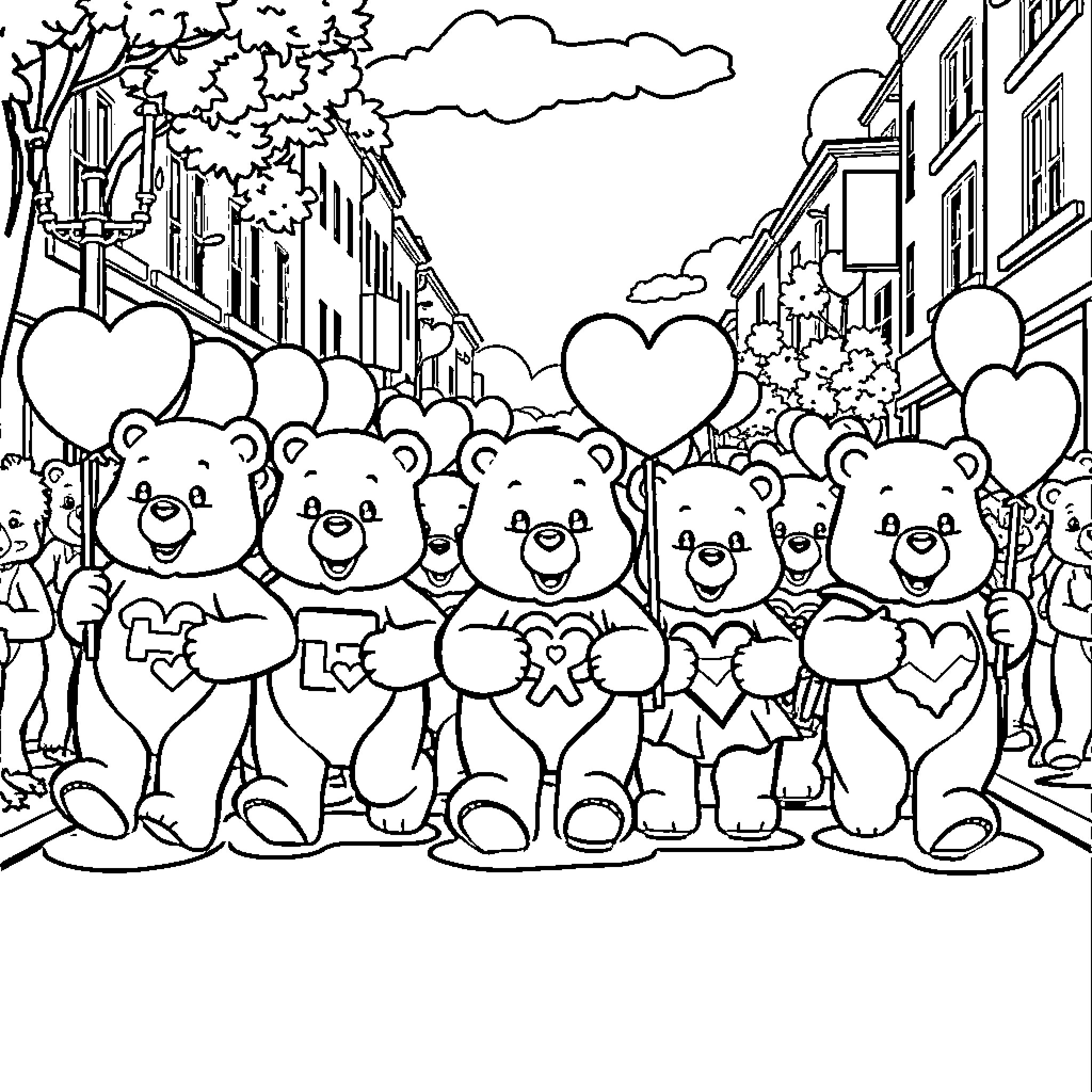 Care Bear group marching with hearts in the city Coloring Page (free black-and-white line drawing printable PDF for all, from beginners to advanced learners, including children, teens, adults, and seniors)