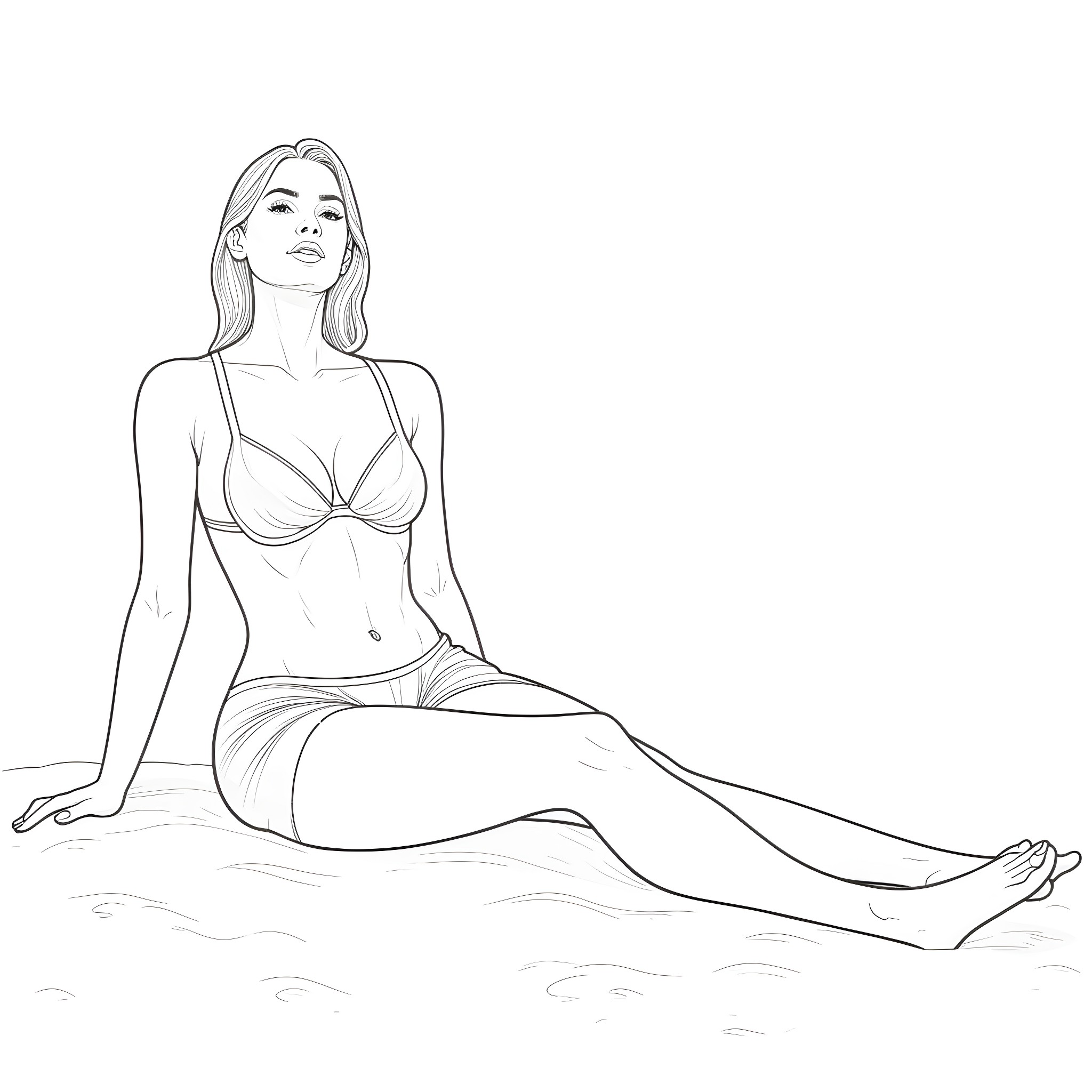Woman relaxing on the beach in a bikini Coloring Page (free black-and-white line drawing printable PDF for all, from beginners to advanced learners, including children, teens, adults, and seniors)