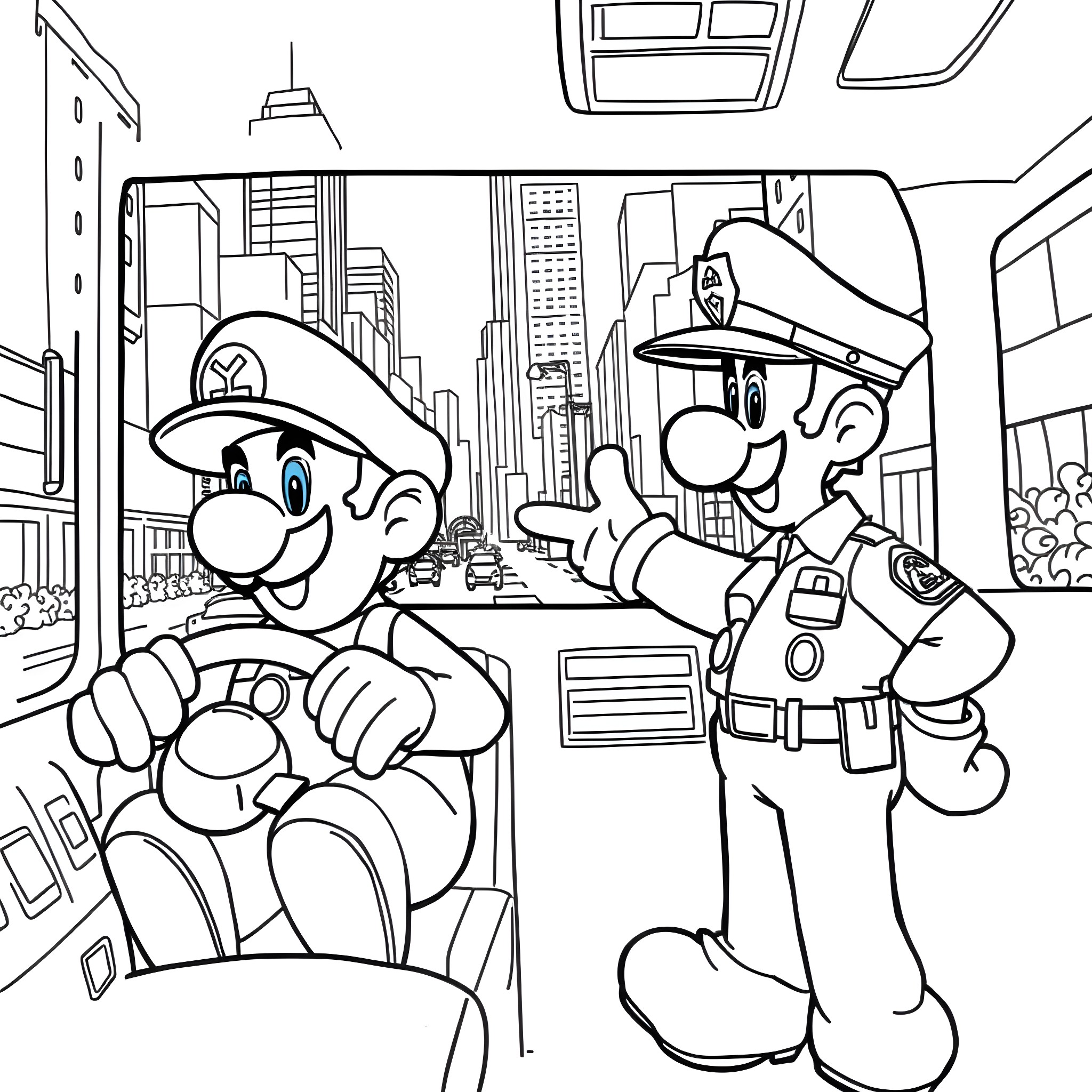 Mario and the Policeman in the City Coloring Page (free black-and-white line drawing printable PDF for all, from beginners to advanced learners, including children, teens, adults, and seniors)