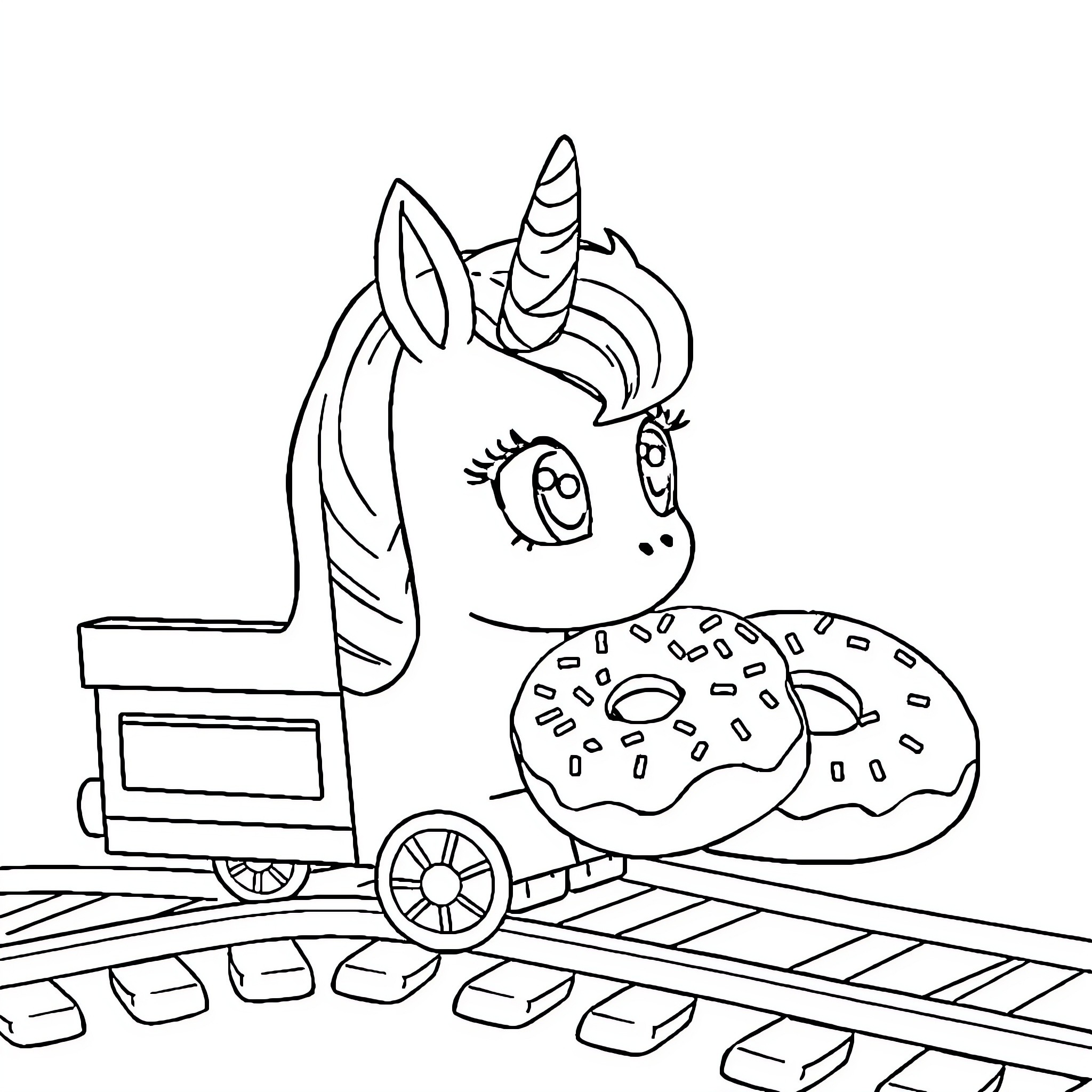 Lilo's Unicorn Enjoying Doughnuts on a Train Coloring Page (free black-and-white line drawing printable PDF for all, from beginners to advanced learners, including children, teens, adults, and seniors)