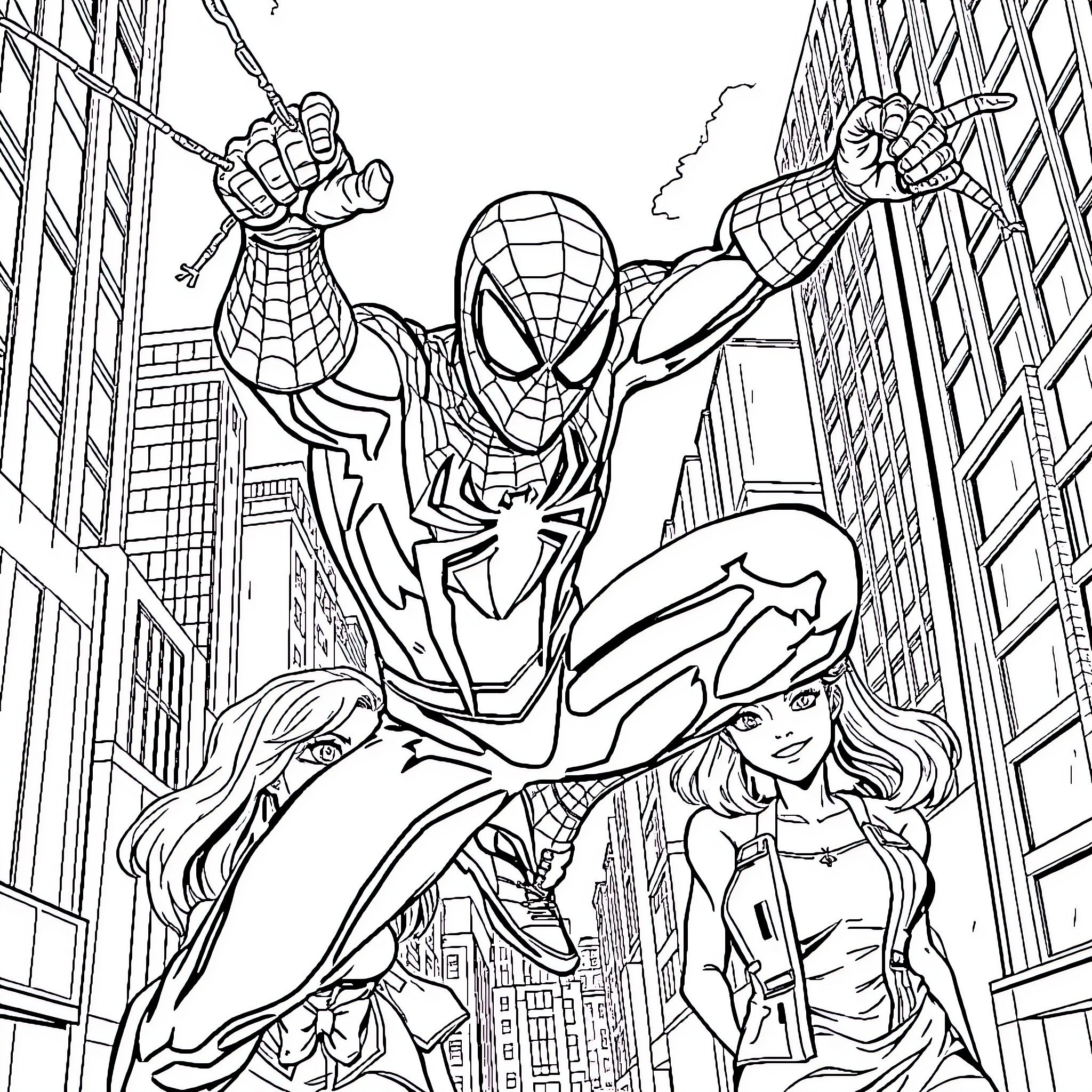 Spider-Man swinging in action with female companion Coloring Page (free black-and-white line drawing printable PDF for all, from beginners to advanced learners, including children, teens, adults, and seniors)
