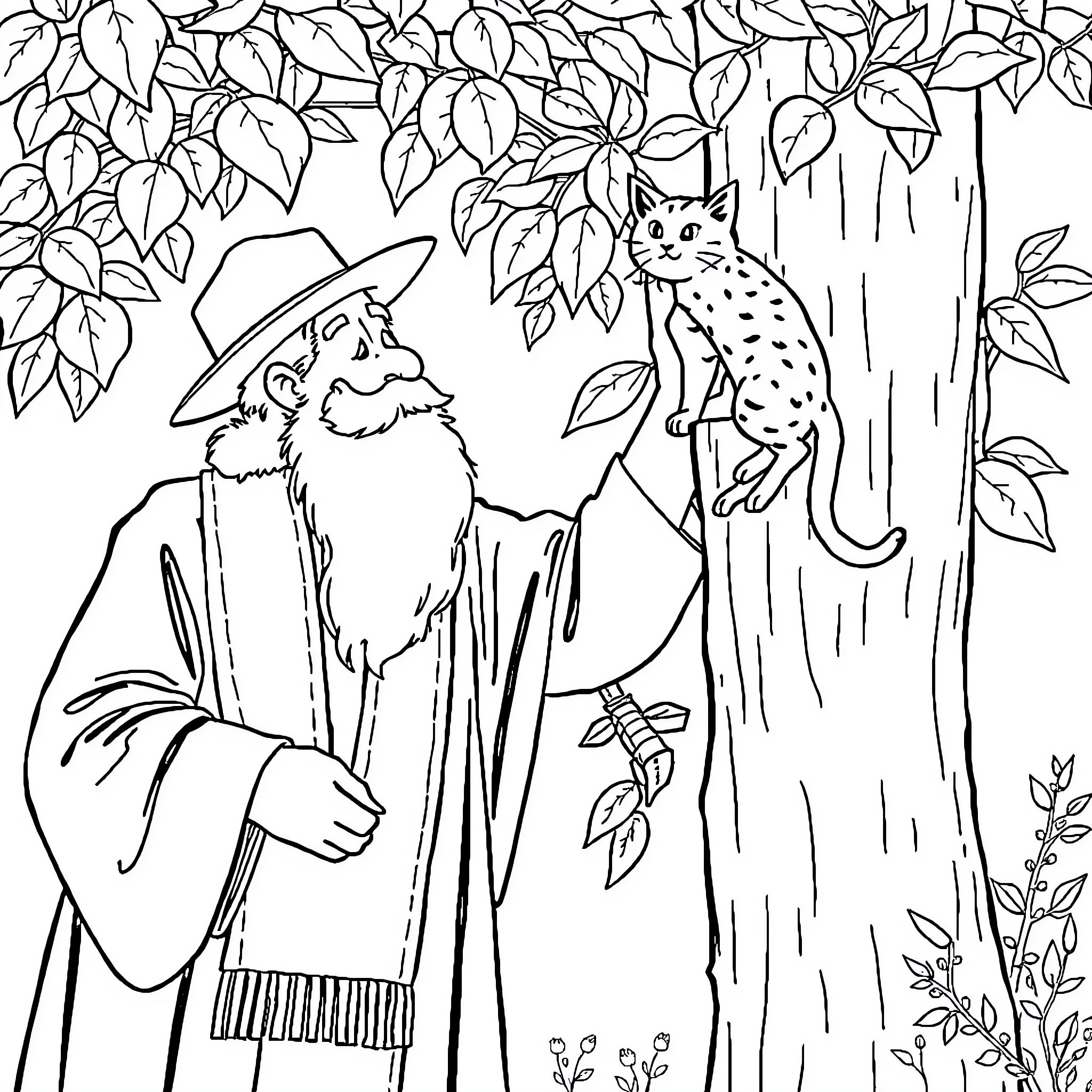 Rebbe Conversing with Feline Companion in Wooded Setting Coloring Page (free black-and-white line drawing printable PDF for all, from beginners to advanced learners, including children, teens, adults, and seniors)