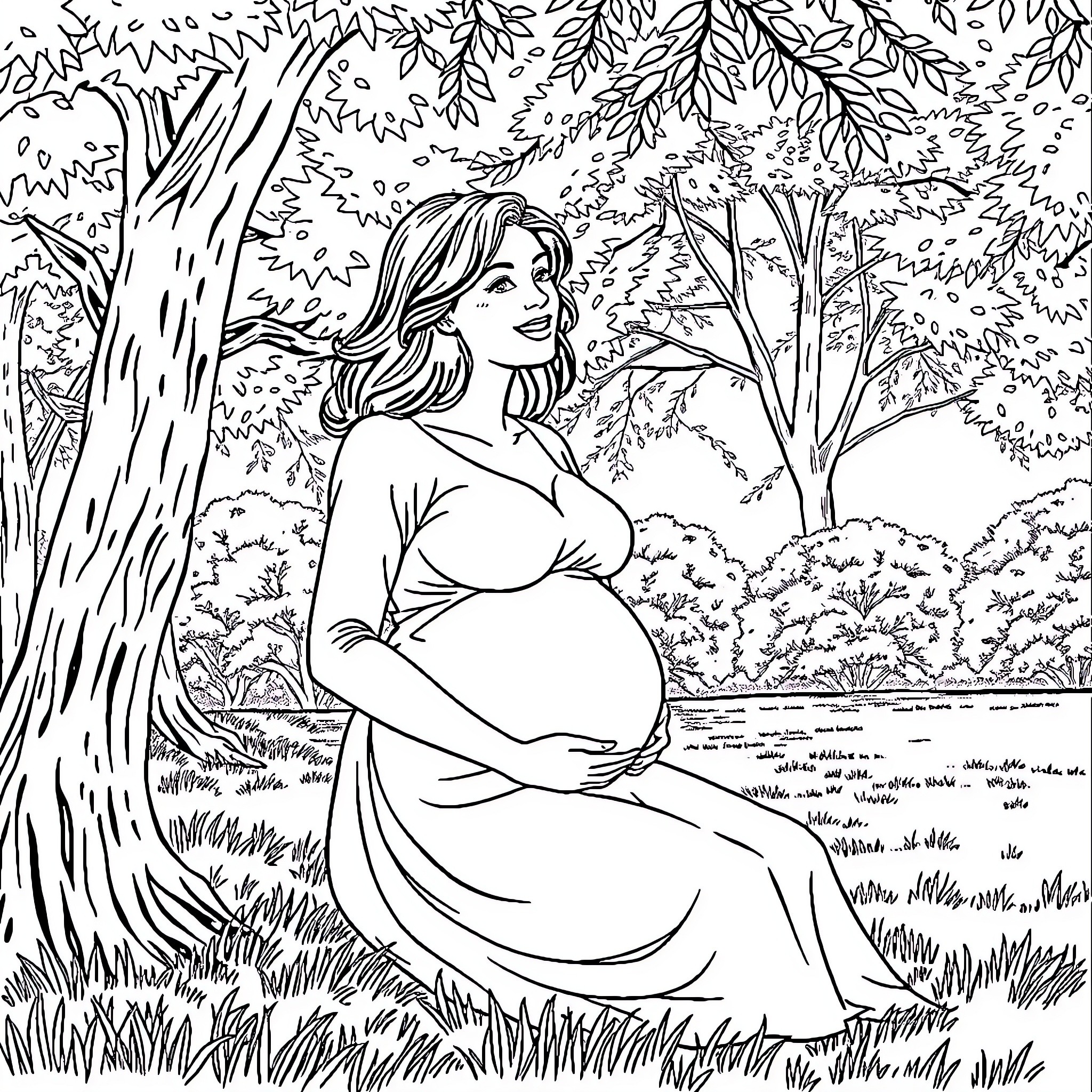 Woman resting peacefully in a lush forest Coloring Page (free black-and-white line drawing printable PDF for all, from beginners to advanced learners, including children, teens, adults, and seniors)