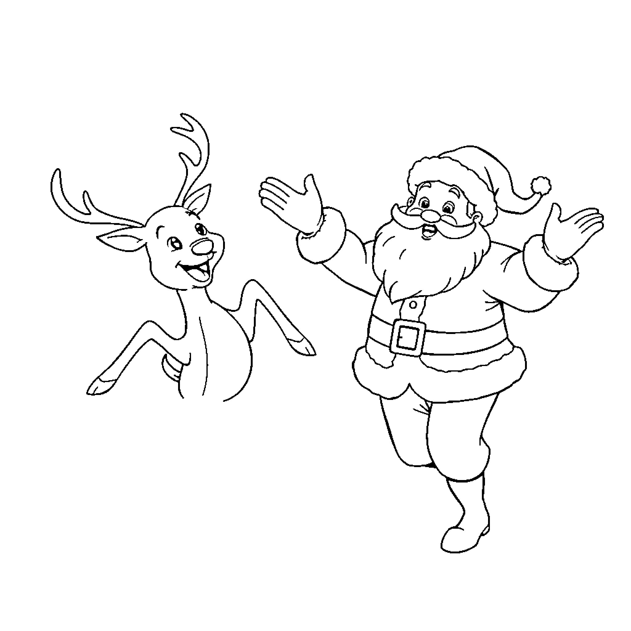 Deer and Santa Claus in a playful dance Coloring Page (free black-and-white line drawing printable PDF for all, from beginners to advanced learners, including children, teens, adults, and seniors)