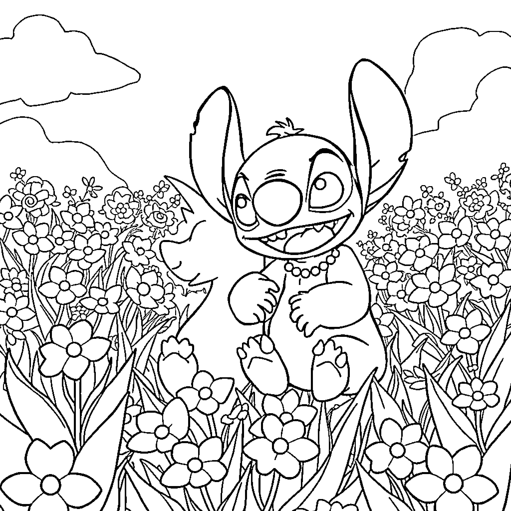 Lilo playing happily in the floral field Coloring Page (free black-and-white line drawing printable PDF for all, from beginners to advanced learners, including children, teens, adults, and seniors)