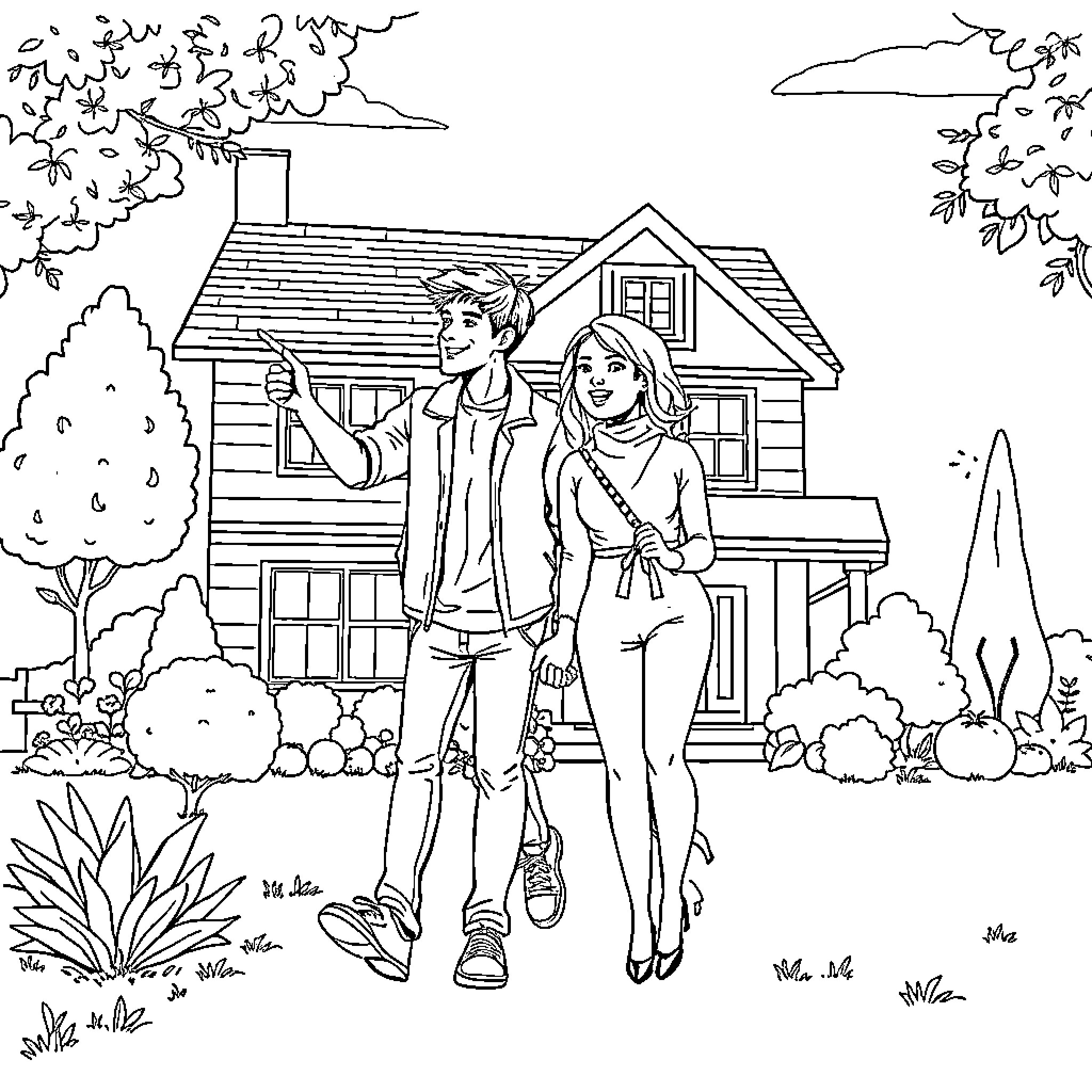 Couple strolling by quaint country home Coloring Page (free black-and-white line drawing printable PDF for all, from beginners to advanced learners, including children, teens, adults, and seniors)