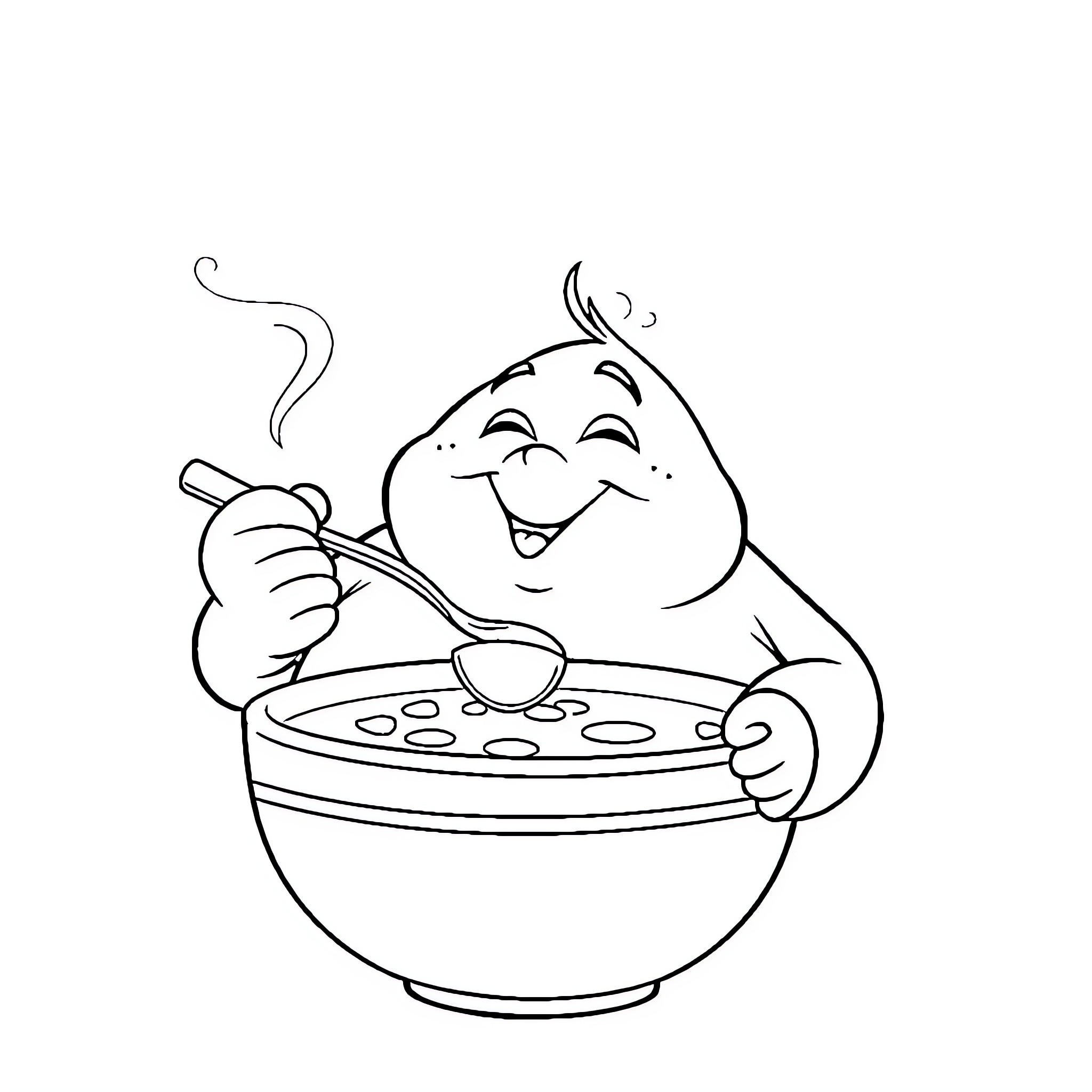 Weiner Happily Eating Hot Soup Coloring Page (free black-and-white line drawing printable PDF for all, from beginners to advanced learners, including children, teens, adults, and seniors)