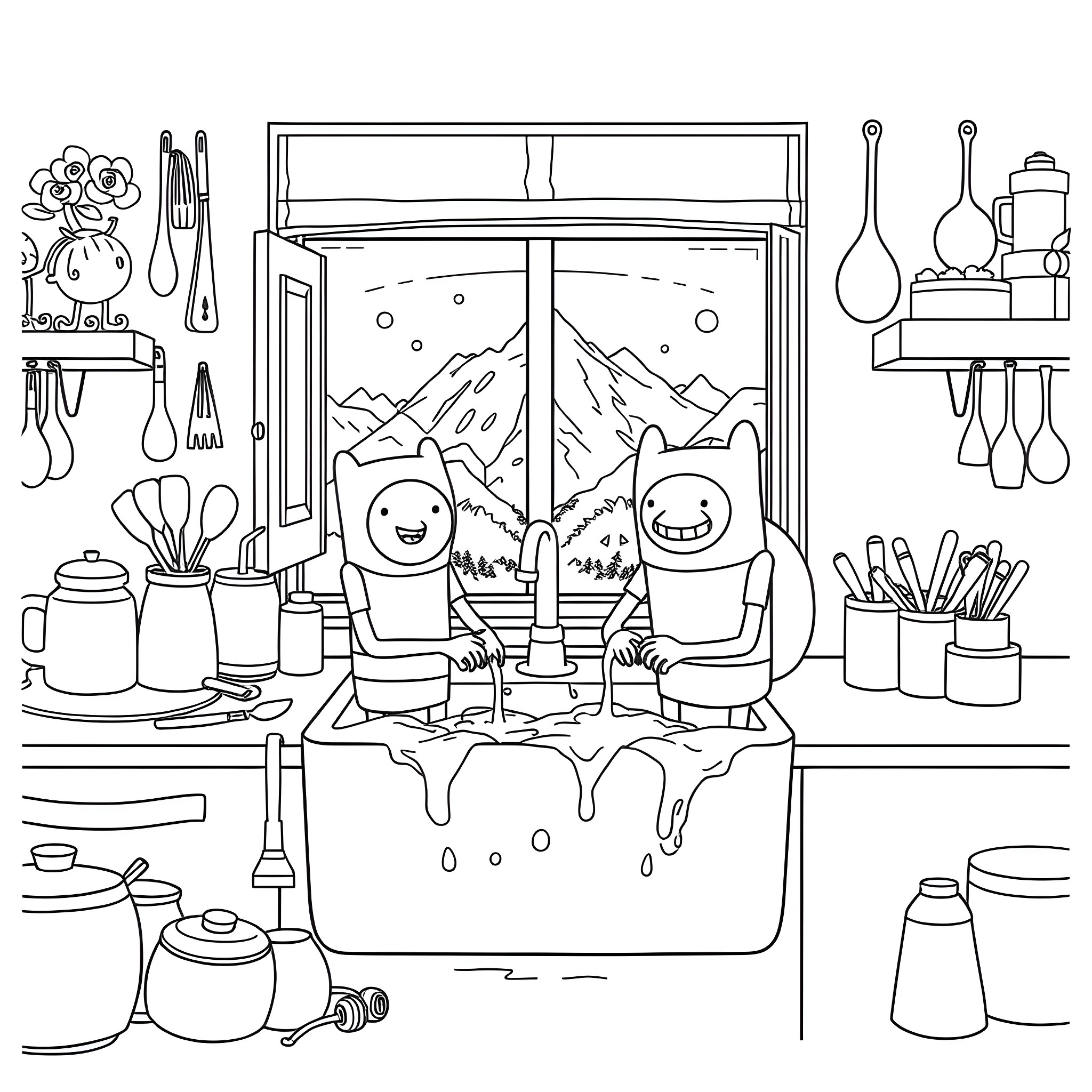 Finn and Jake's Cozy Kitchen Adventure Coloring Page (free black-and-white line drawing printable PDF for all, from beginners to advanced learners, including children, teens, adults, and seniors)
