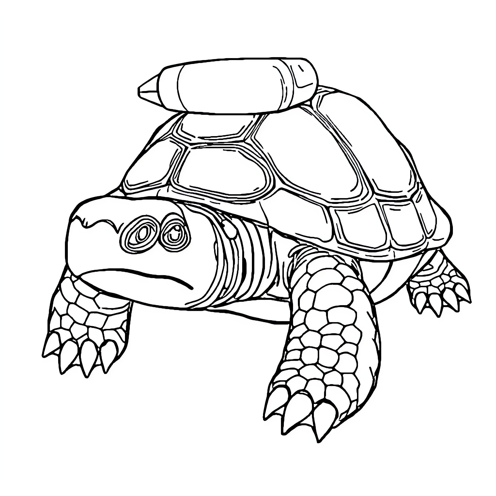 Turtle with Protective Shell Coloring Page (free black-and-white line drawing printable PDF for all, from beginners to advanced learners, including children, teens, adults, and seniors)