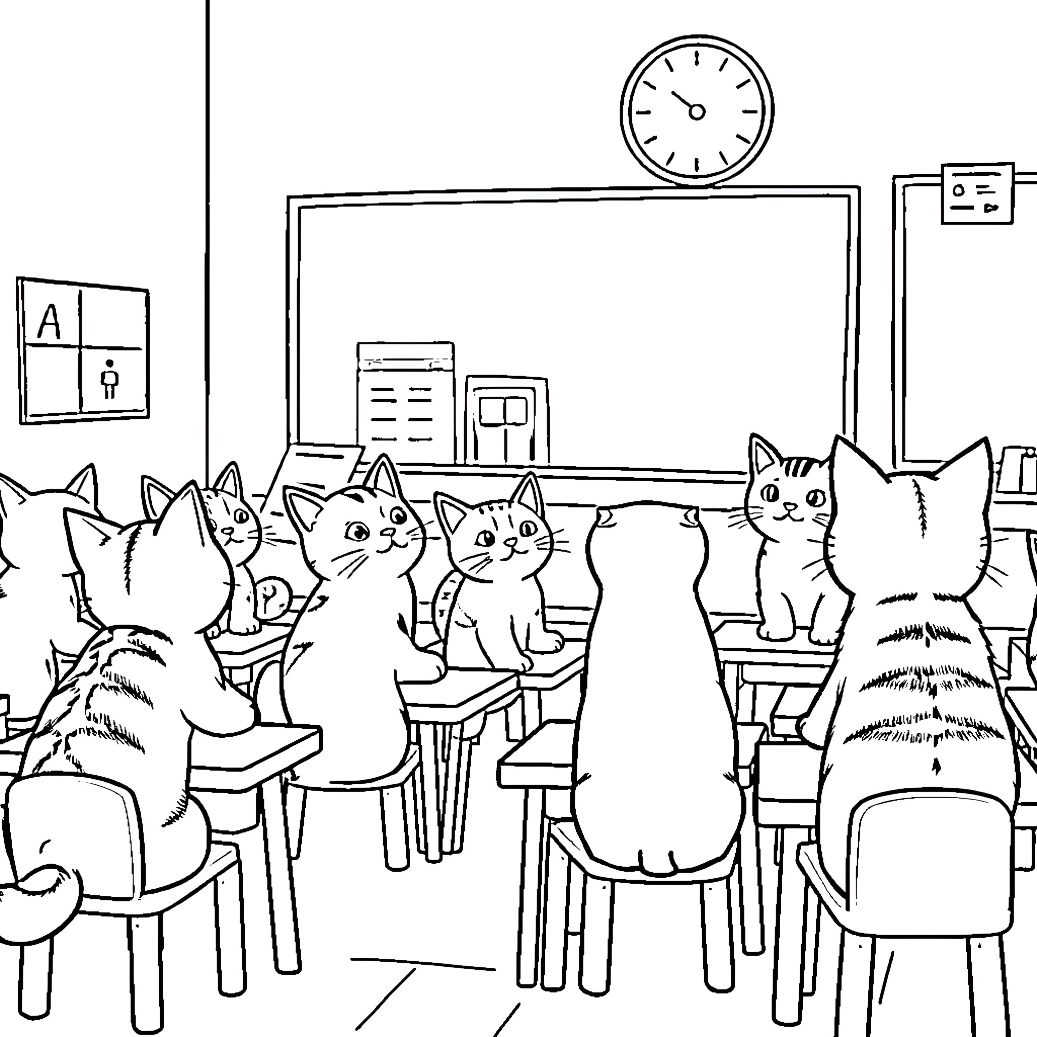 Cats attending a meeting in the classroom Coloring Page (free black-and-white line drawing printable PDF for all, from beginners to advanced learners, including children, teens, adults, and seniors)
