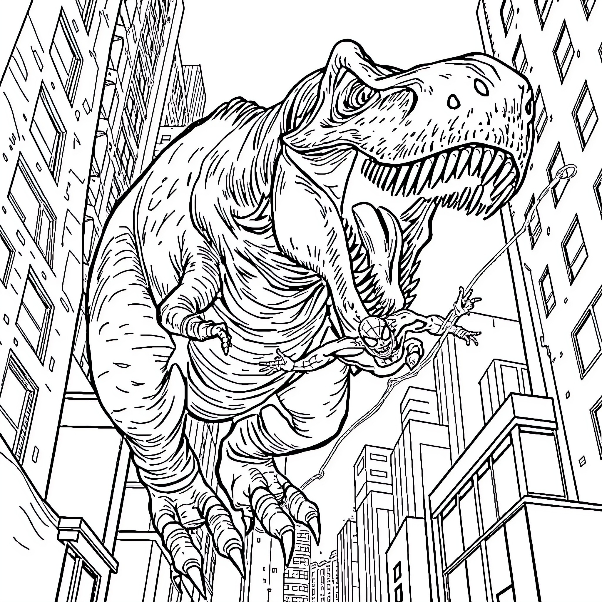T-Rex Stomping Through the City Coloring Page (free black-and-white line drawing printable PDF for all, from beginners to advanced learners, including children, teens, adults, and seniors)