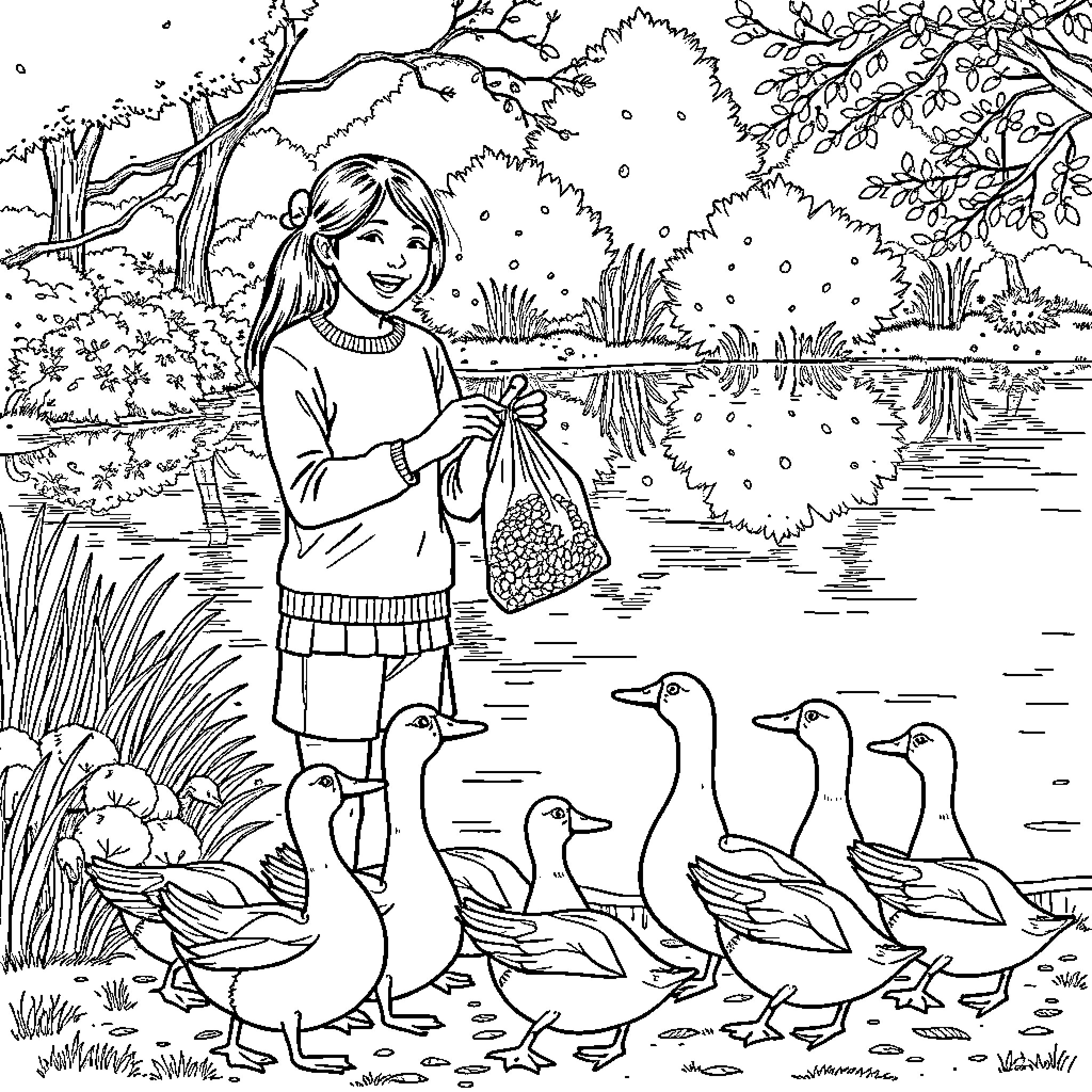 Duck family meets friendly girl by the lake Coloring Page (free black-and-white line drawing printable PDF for all, from beginners to advanced learners, including children, teens, adults, and seniors)