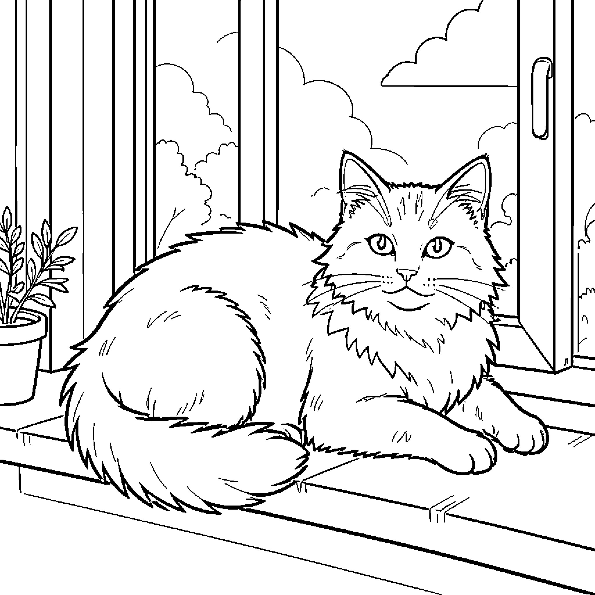 Cat relaxing on the windowsill Coloring Page (free black-and-white line drawing printable PDF for all, from beginners to advanced learners, including children, teens, adults, and seniors)