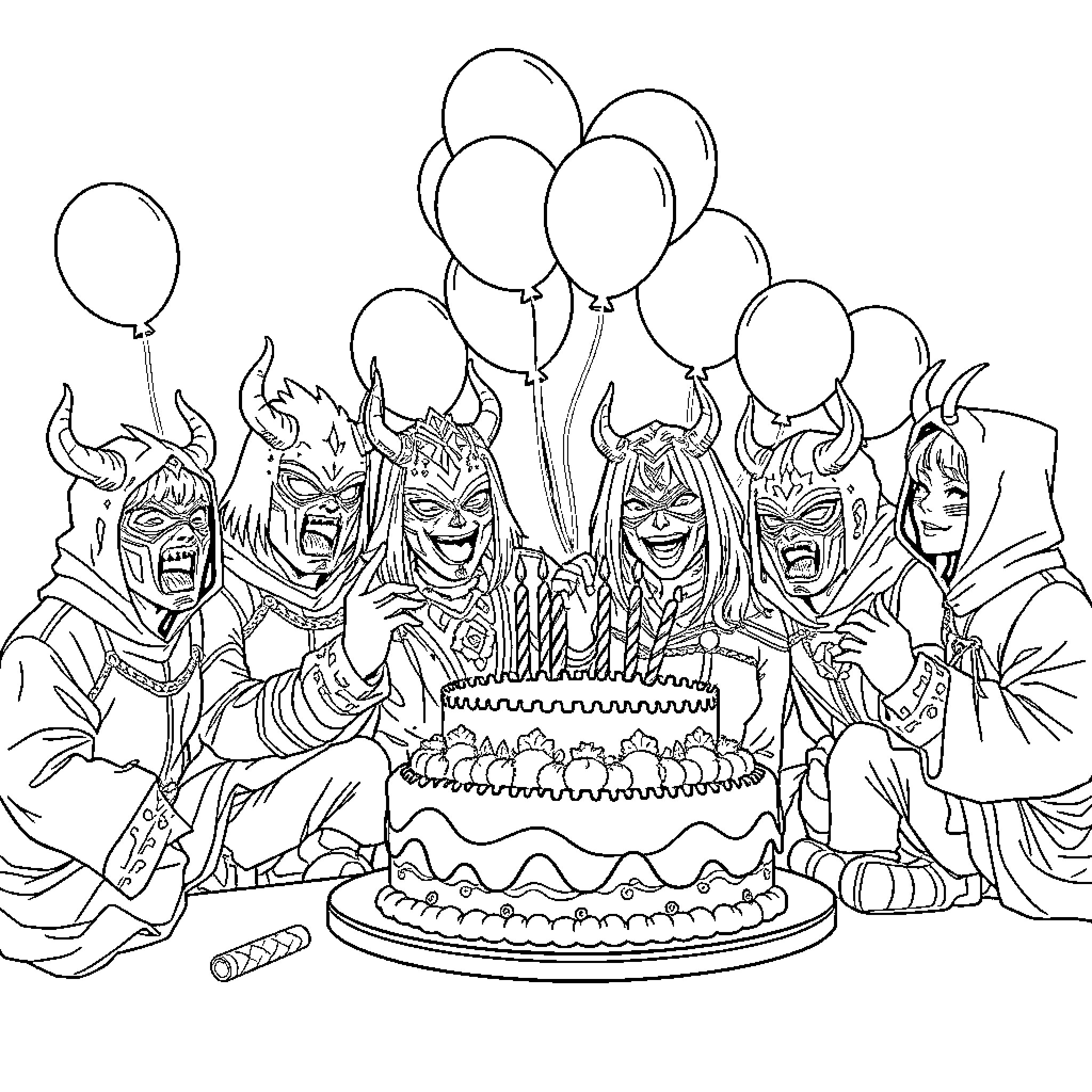 Kpop Demon Hunters Celebrate with Cake and Balloons Coloring Page (free black-and-white line drawing printable PDF for all, from beginners to advanced learners, including children, teens, adults, and seniors)