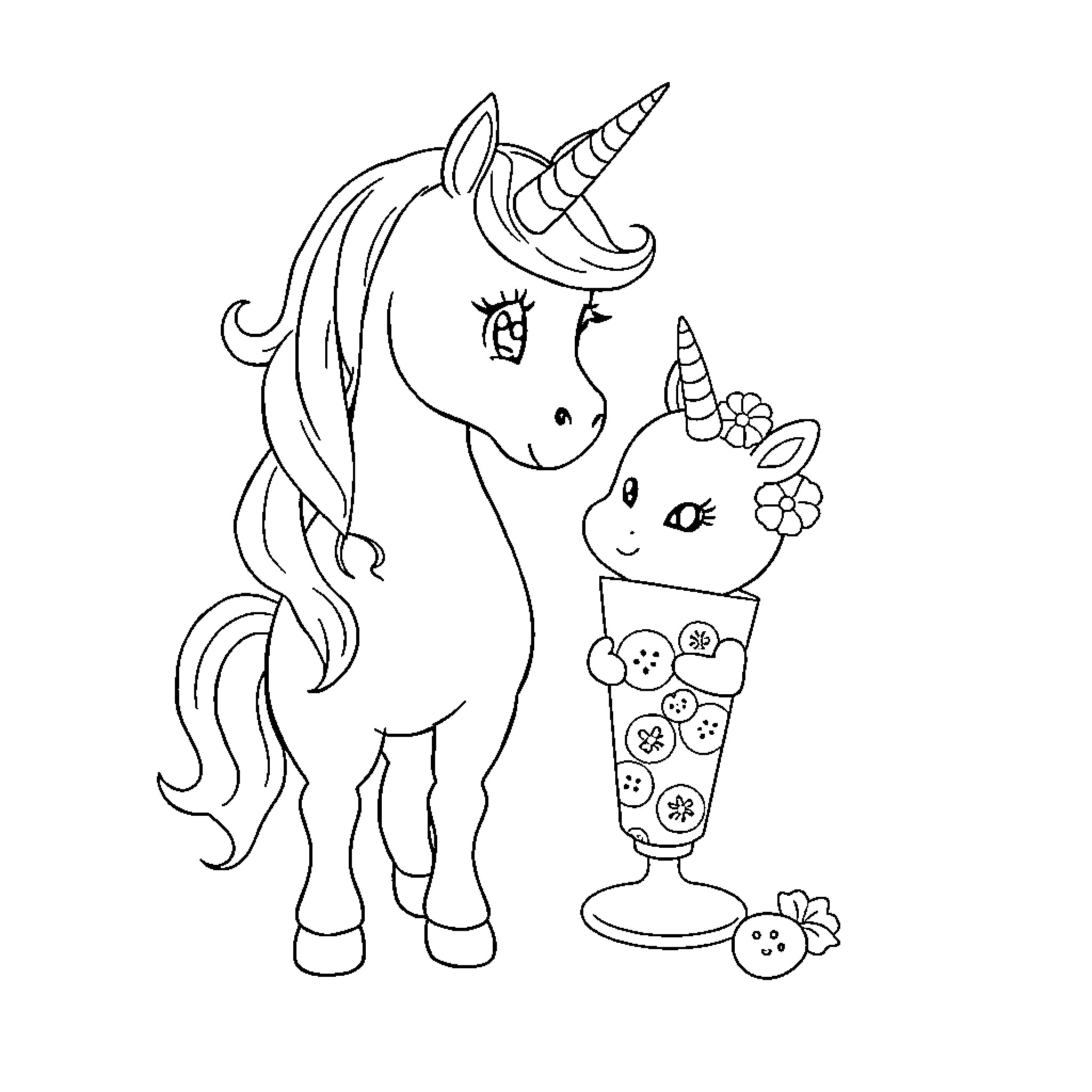Unicorn and unicorn companion in whimsical scene Coloring Page (free black-and-white line drawing printable PDF for all, from beginners to advanced learners, including children, teens, adults, and seniors)
