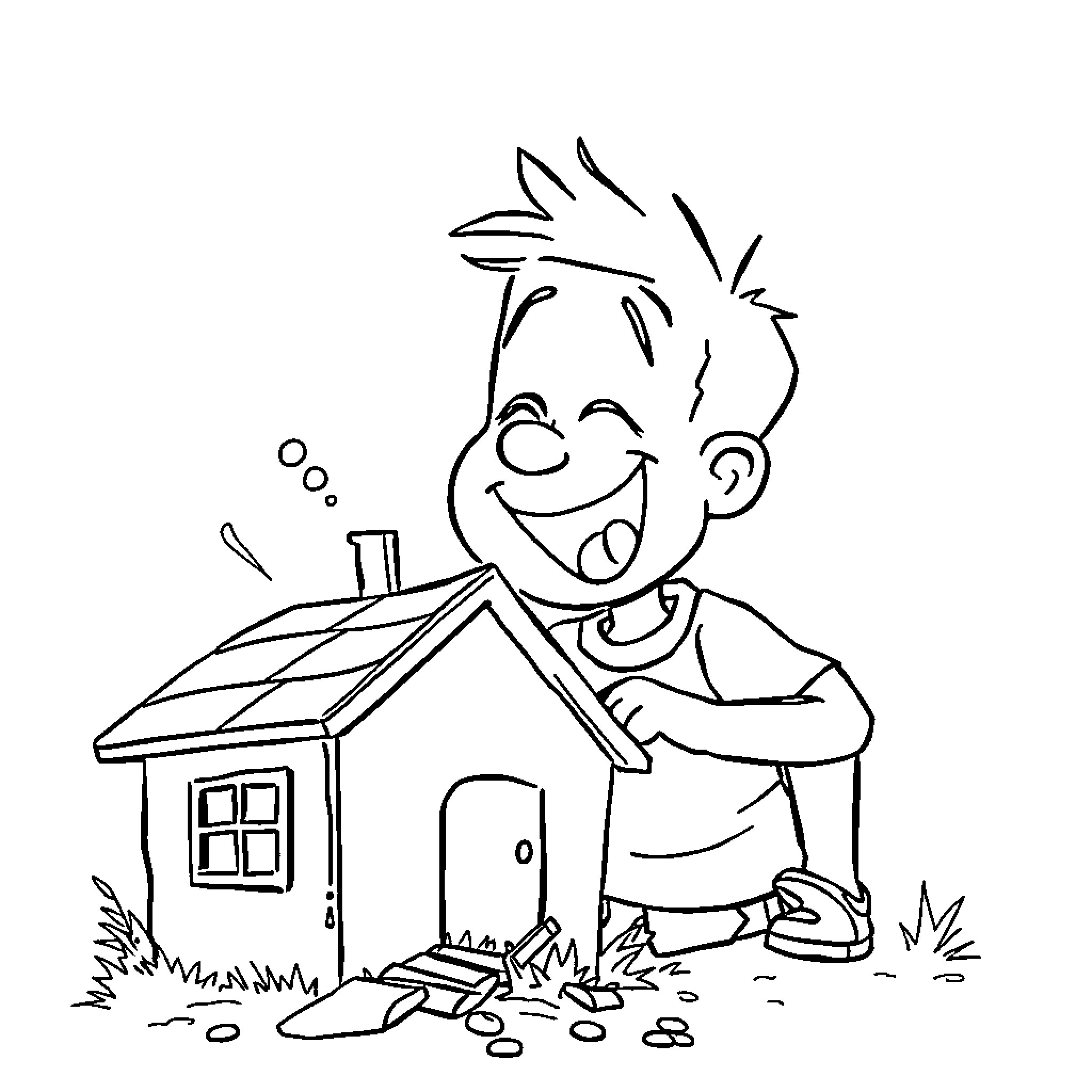 Boy builds playful house outdoors Coloring Page (free black-and-white line drawing printable PDF for all, from beginners to advanced learners, including children, teens, adults, and seniors)