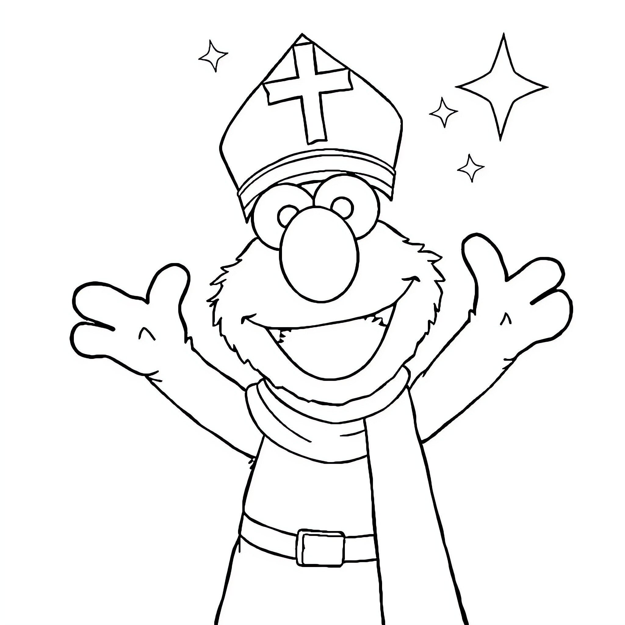 Elmo Dressed as Saint Nicholas Celebrating Coloring Page (free black-and-white line drawing printable PDF for all, from beginners to advanced learners, including children, teens, adults, and seniors)
