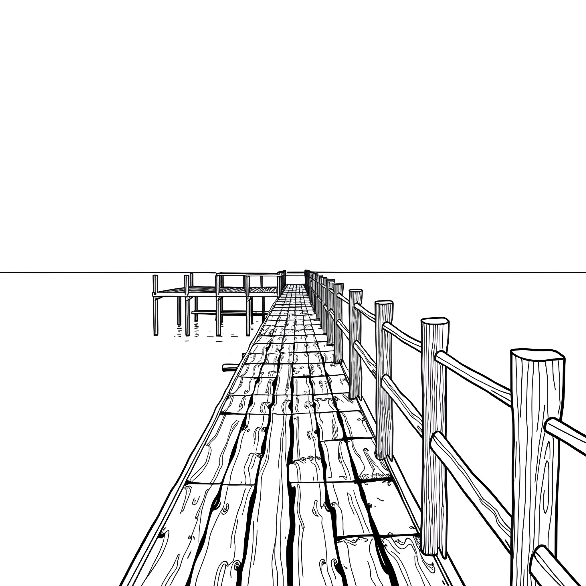 Jetty over the water with wooden planks Coloring Page (free black-and-white line drawing printable PDF for all, from beginners to advanced learners, including children, teens, adults, and seniors)