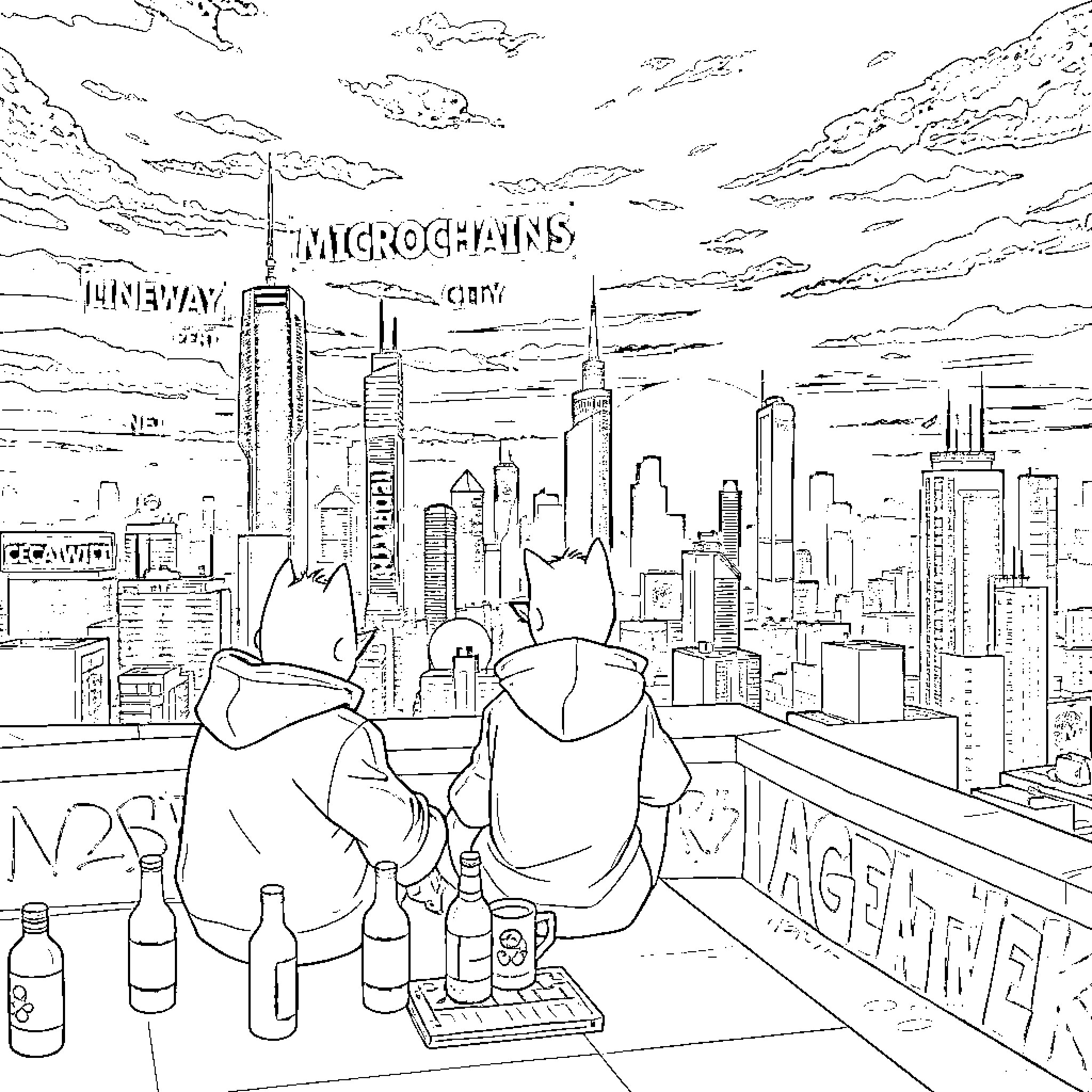 Pepe Enjoying the City Skyline with Friends Coloring Page (free black-and-white line drawing printable PDF for all, from beginners to advanced learners, including children, teens, adults, and seniors)