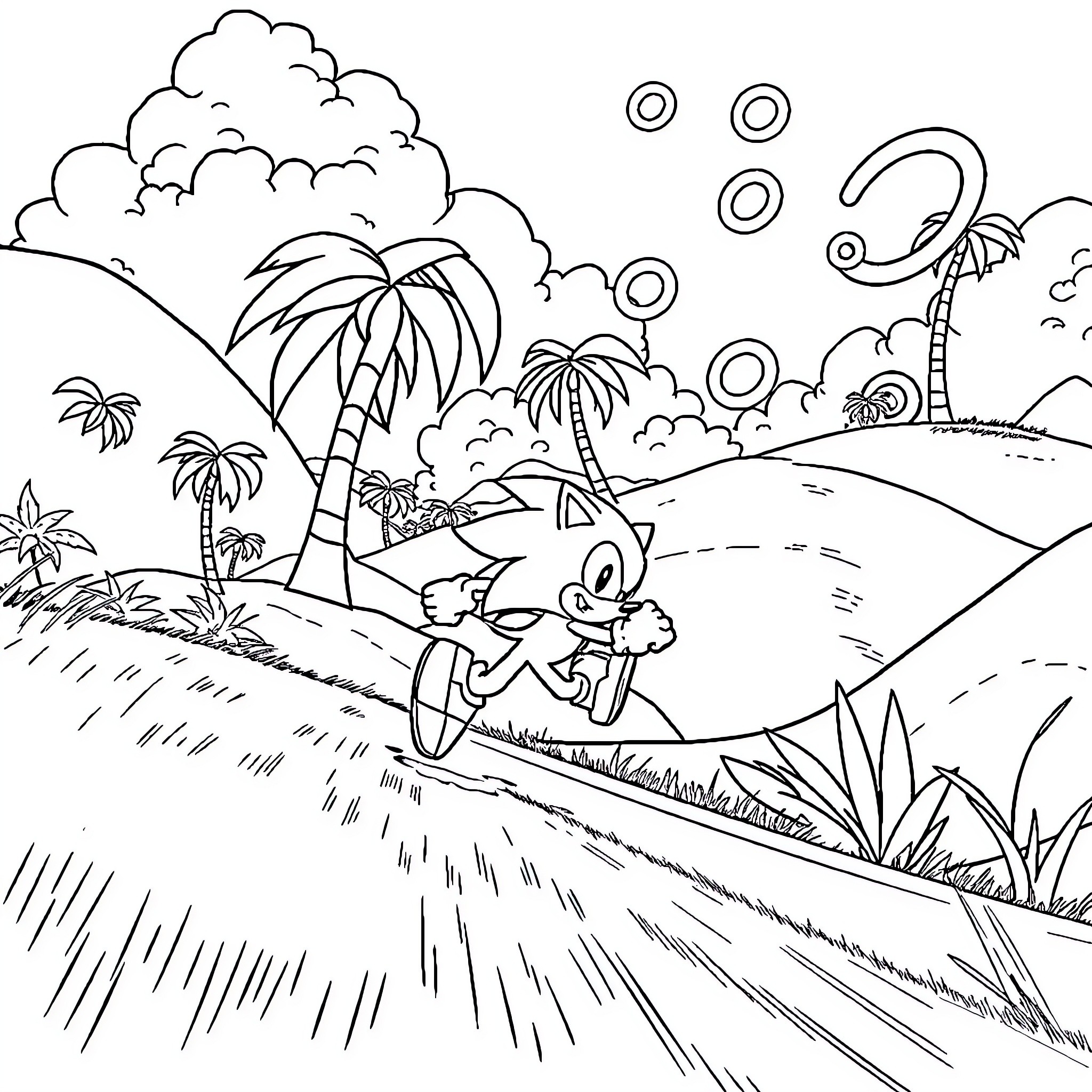 Sonic enjoying tropical island adventure Coloring Page (free black-and-white line drawing printable PDF for all, from beginners to advanced learners, including children, teens, adults, and seniors)