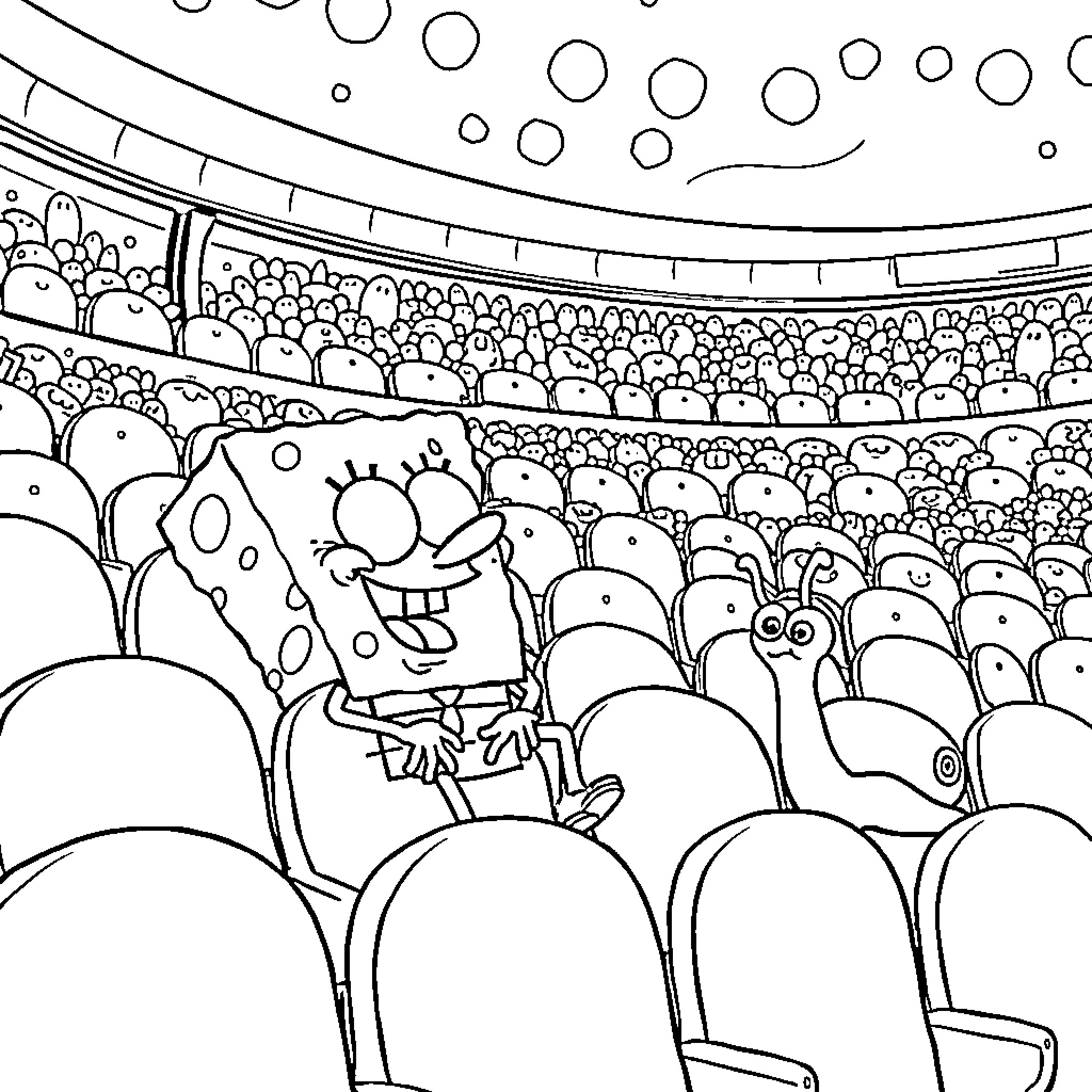 Spongebob attending a crowded performance Coloring Page (free black-and-white line drawing printable PDF for all, from beginners to advanced learners, including children, teens, adults, and seniors)