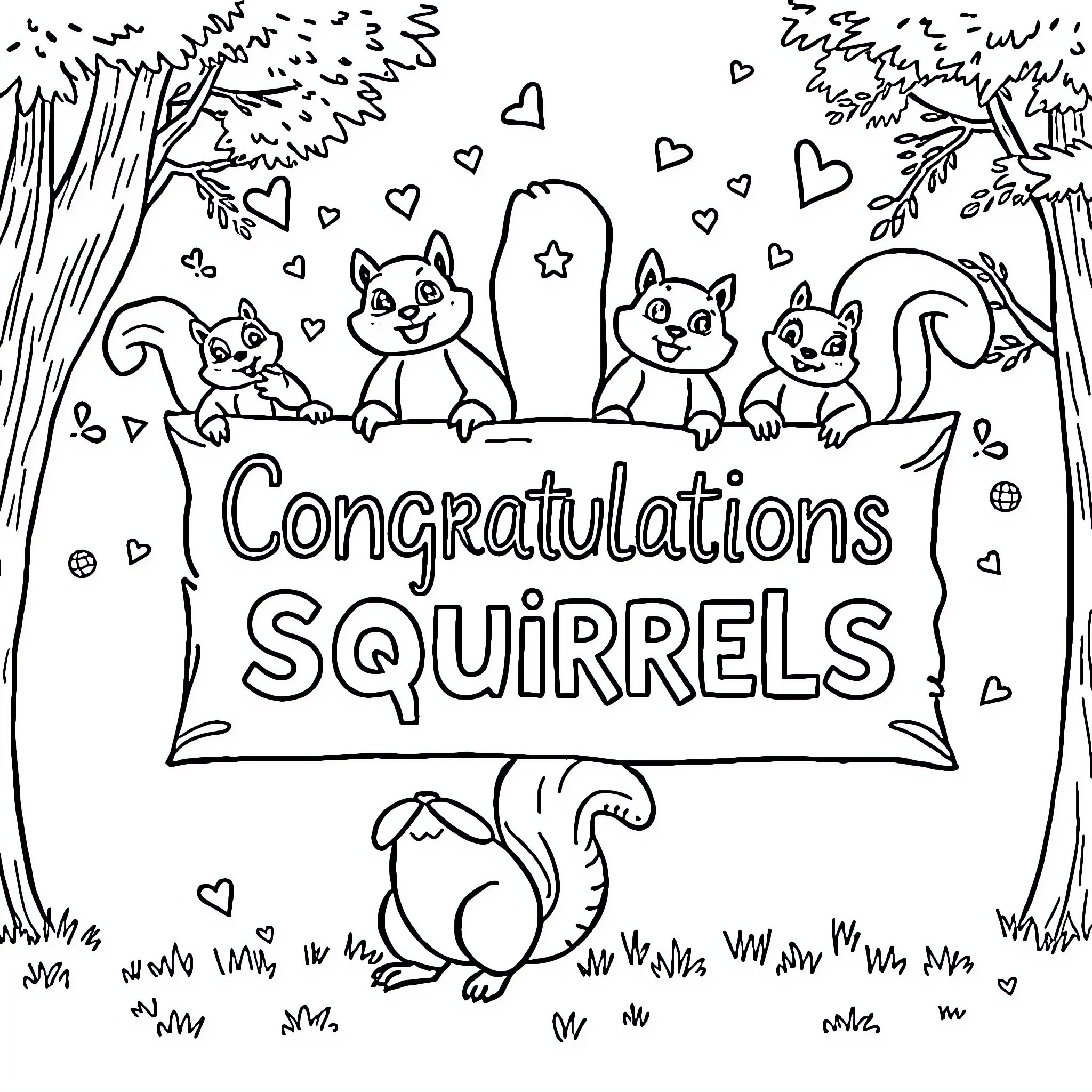 Squirrels celebrating with congratulations banner Coloring Page (free black-and-white line drawing printable PDF for all, from beginners to advanced learners, including children, teens, adults, and seniors)