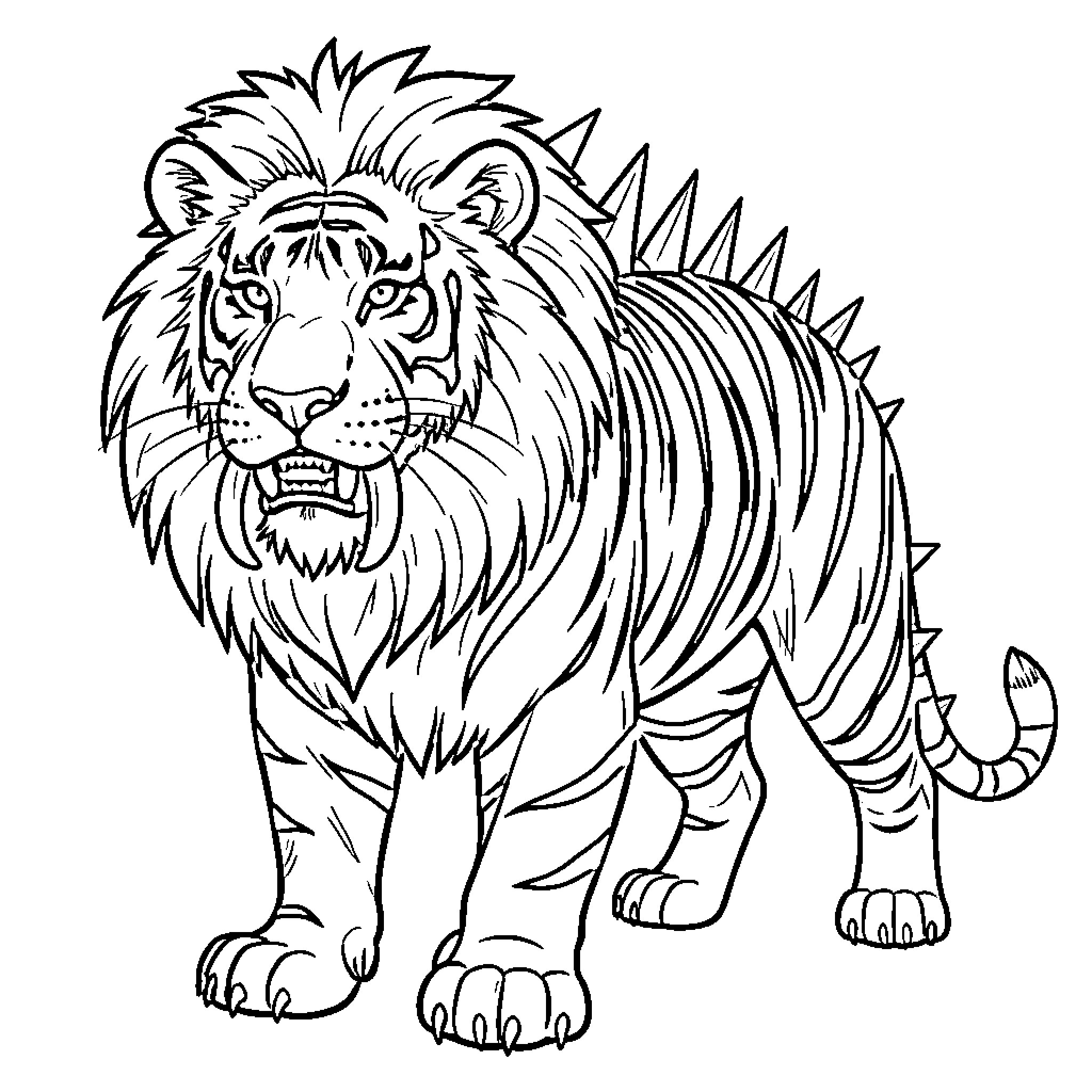 Lion with tiger stripes walking forward with a roar Coloring Page (free black-and-white line drawing printable PDF for all, from beginners to advanced learners, including children, teens, adults, and seniors)