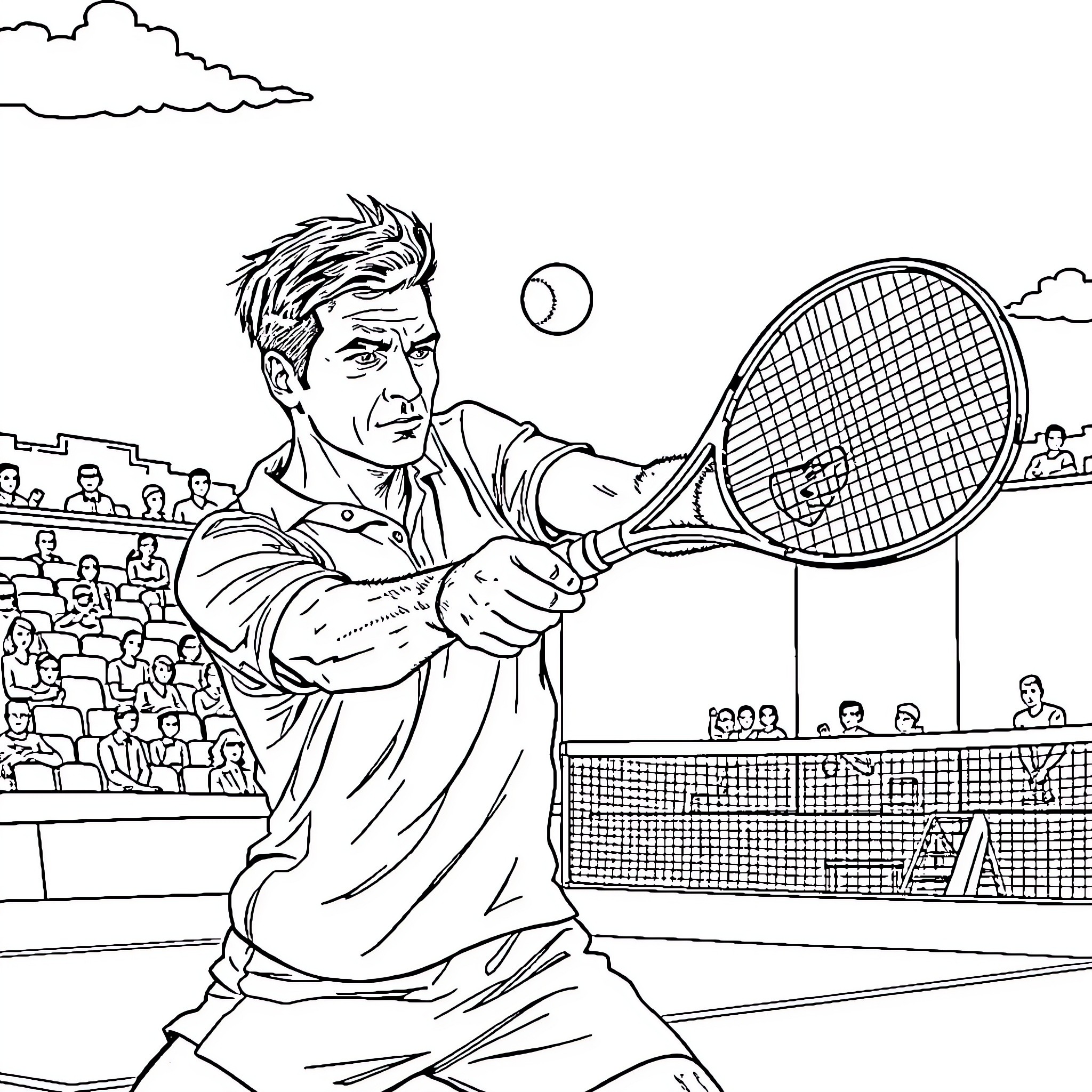 Federer's Tennis Victory in the Arena Coloring Page (free black-and-white line drawing printable PDF for all, from beginners to advanced learners, including children, teens, adults, and seniors)
